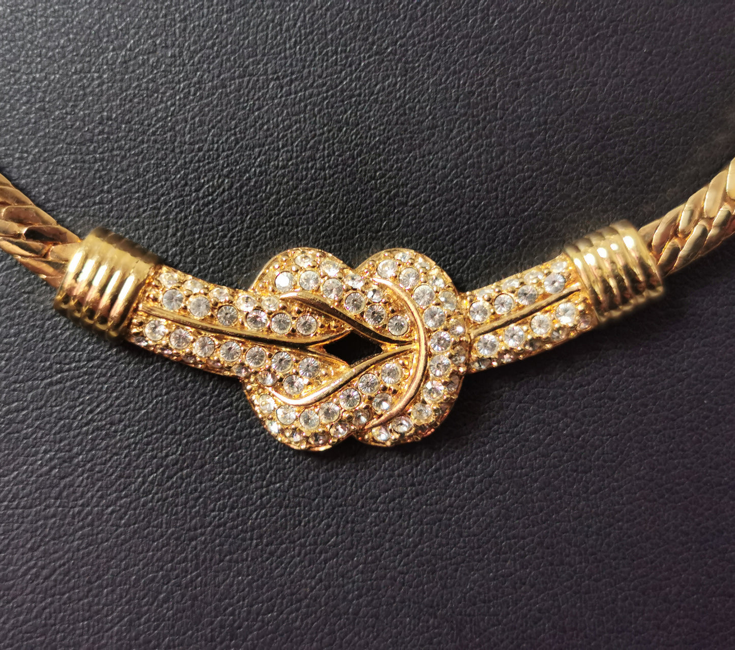 Vintage Swarovski crystal knot necklace, Herringbone link chain
