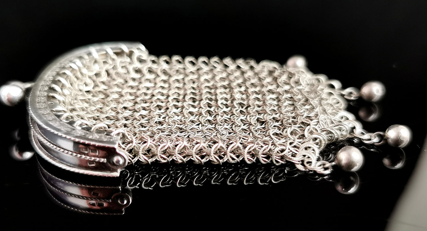 Antique French silver chatelaine purse, coin purse