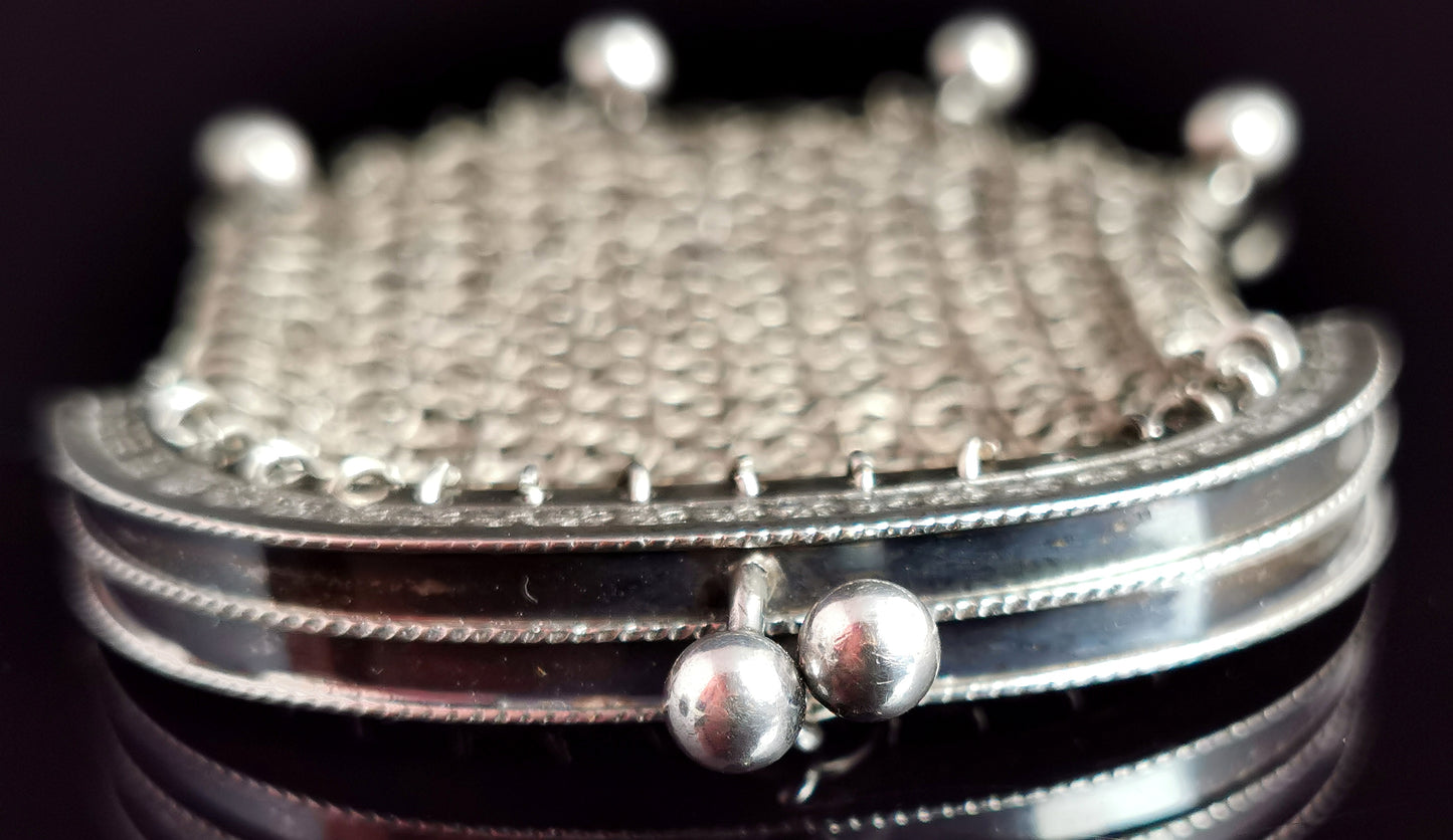 Antique French silver chatelaine purse, coin purse