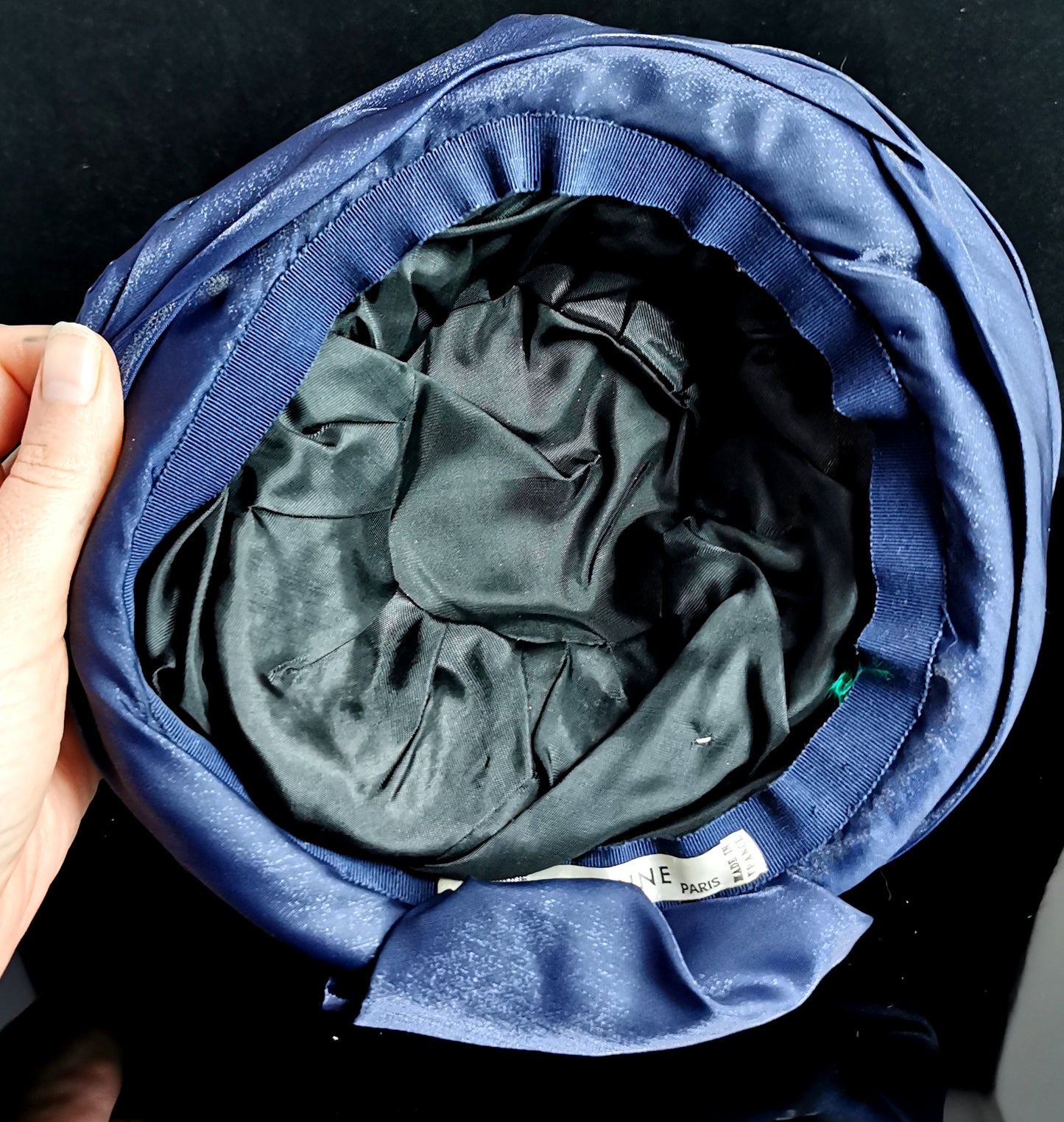 Vintage French ladies pillbox hat, blue satin and sisal