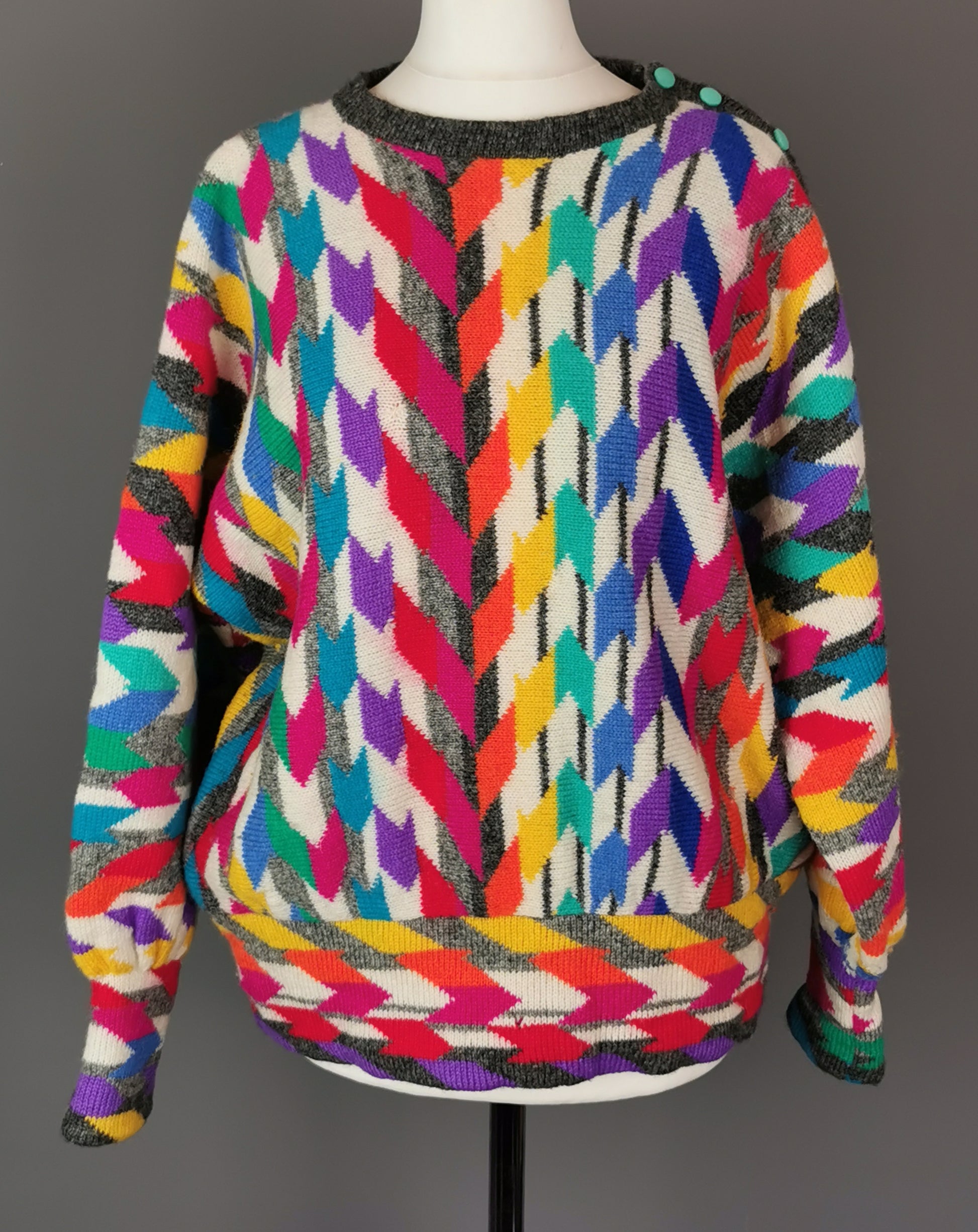 Vintage 80s loud Chevron knit sweater, colour pop, Maggie White