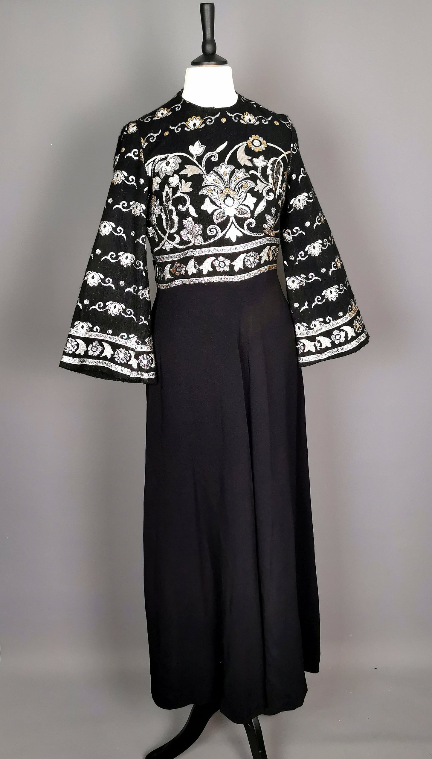 Vintage 1970s Brocade maxi dress, Bell sleeve