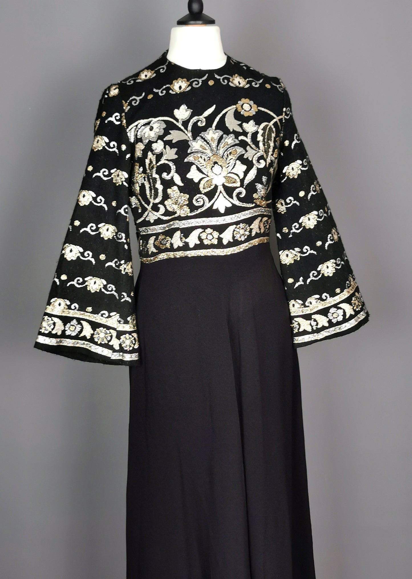 Vintage 1970s Brocade maxi dress, Bell sleeve