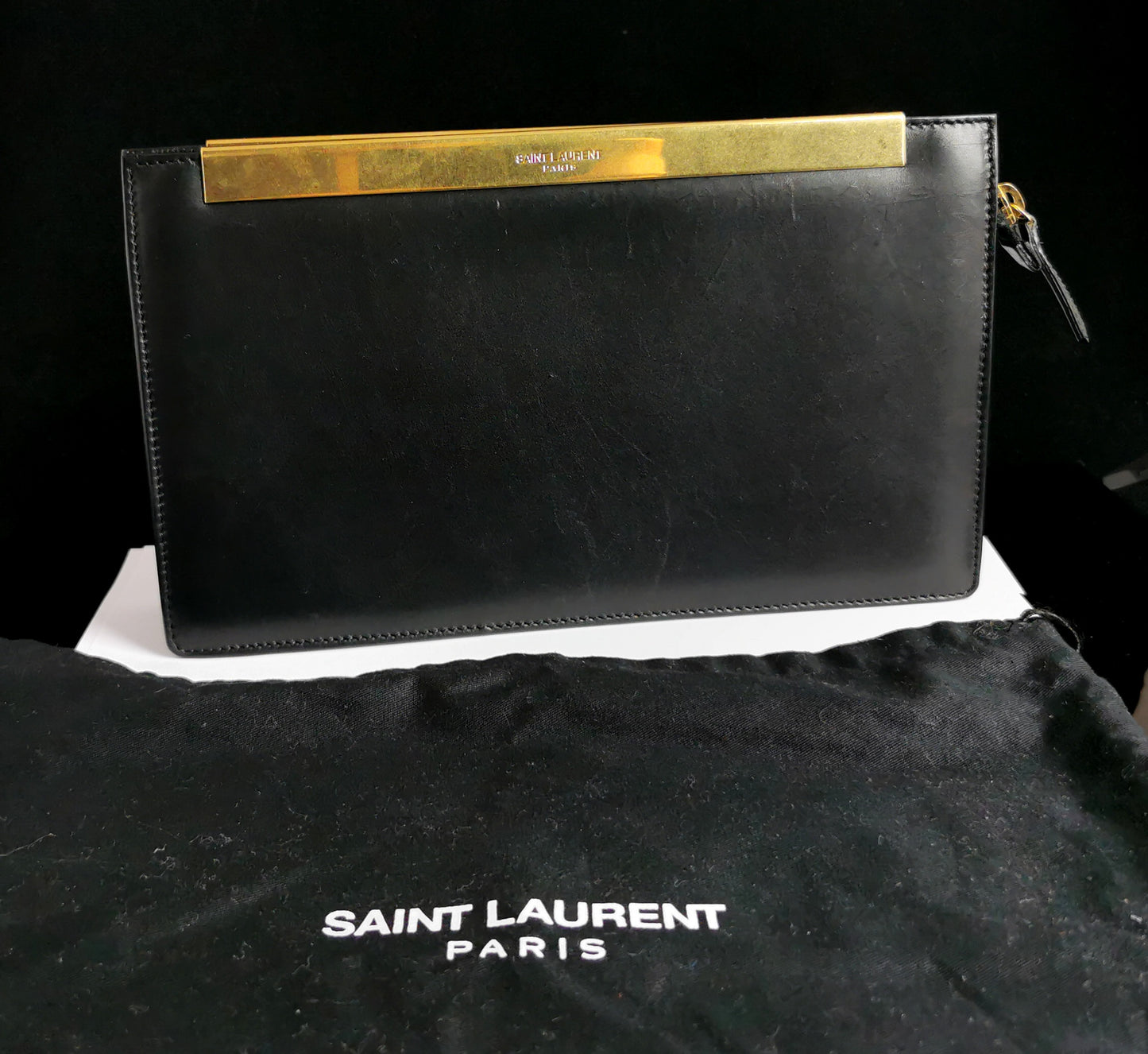 YSL black leather clutch purse, gold tone, handbag