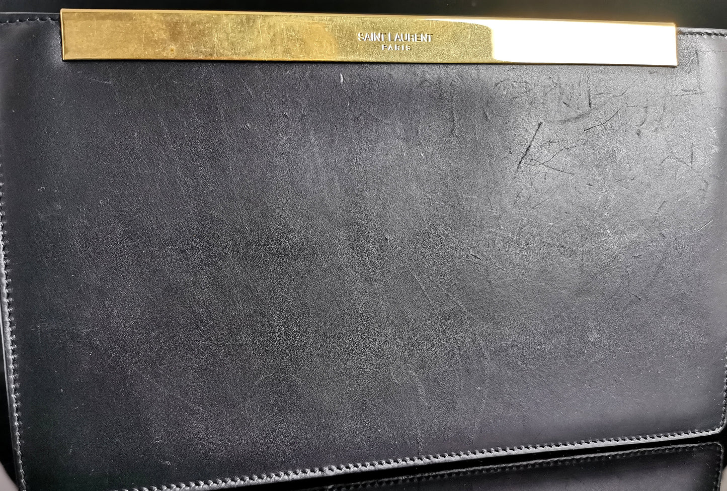 YSL black leather clutch purse, gold tone, handbag
