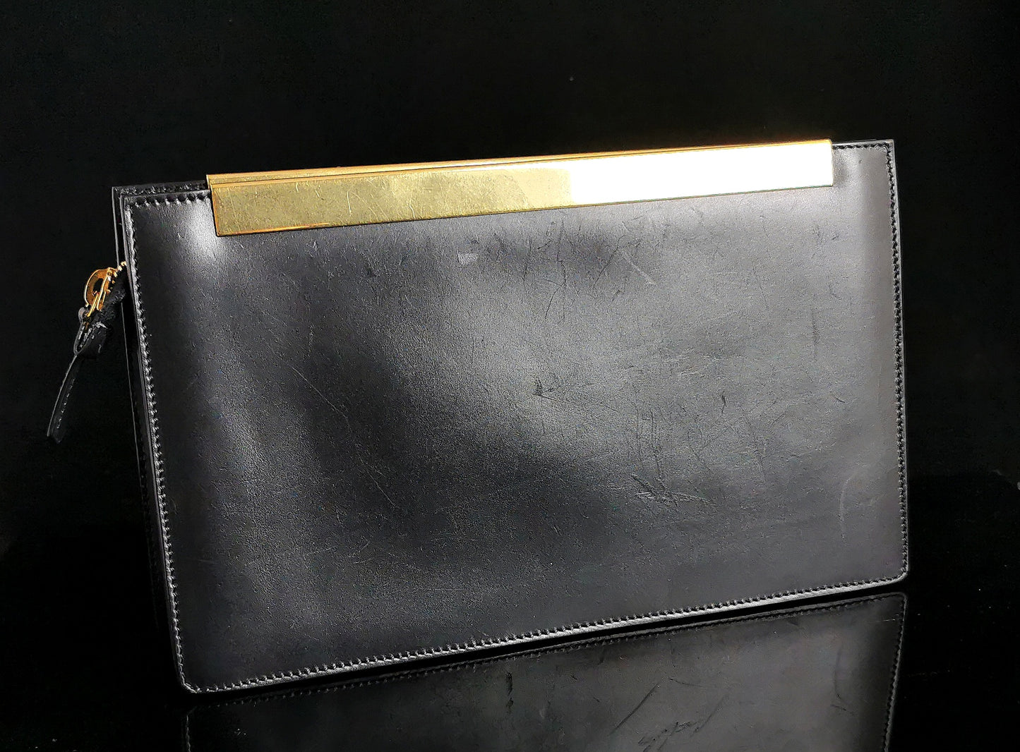 YSL black leather clutch purse, gold tone, handbag