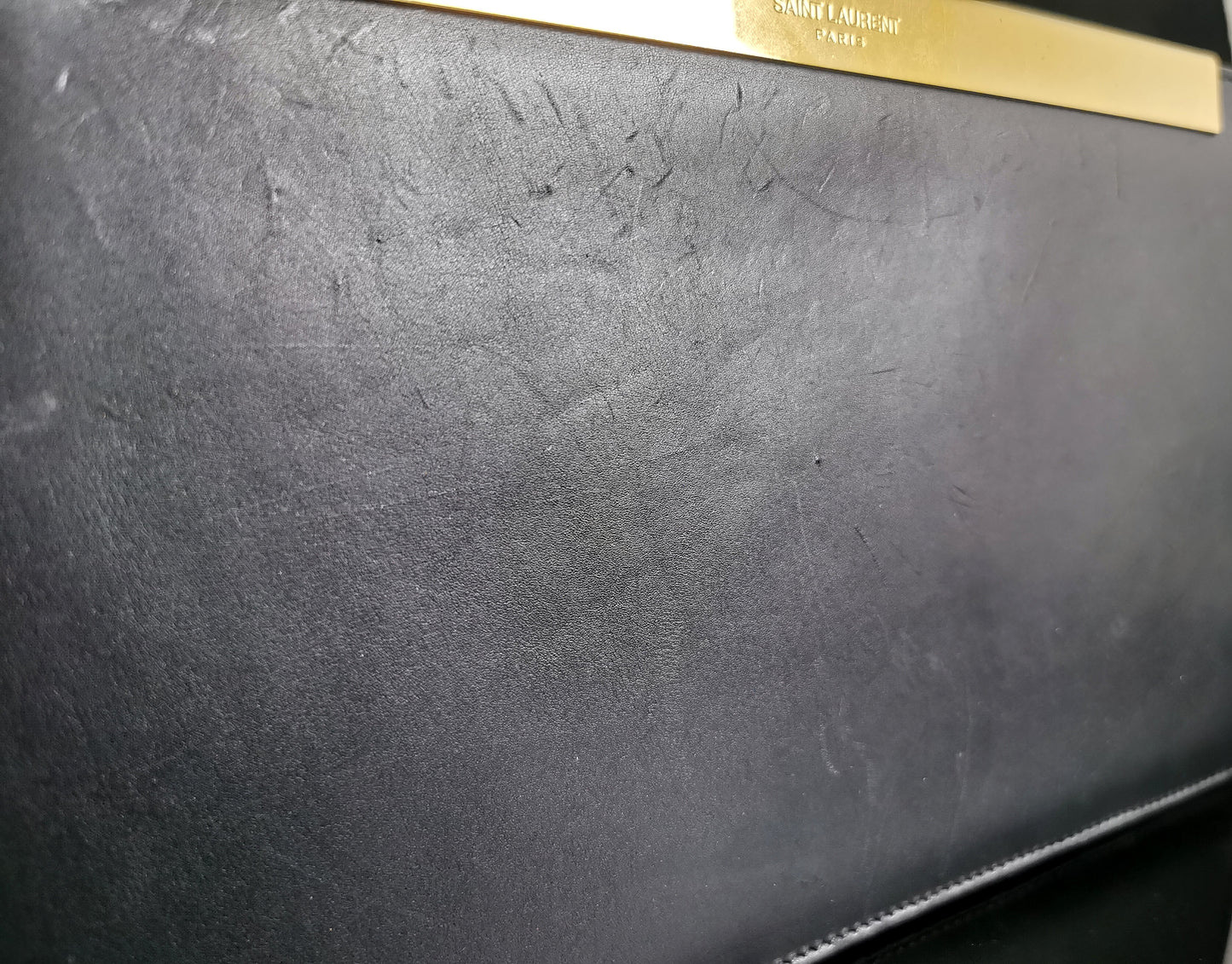 YSL black leather clutch purse, gold tone, handbag