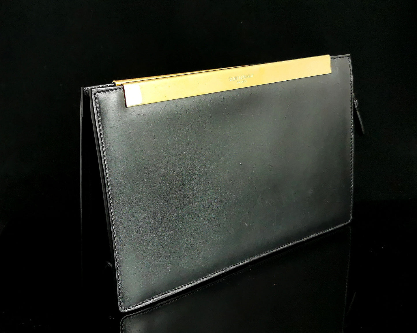 YSL black leather clutch purse, gold tone, handbag
