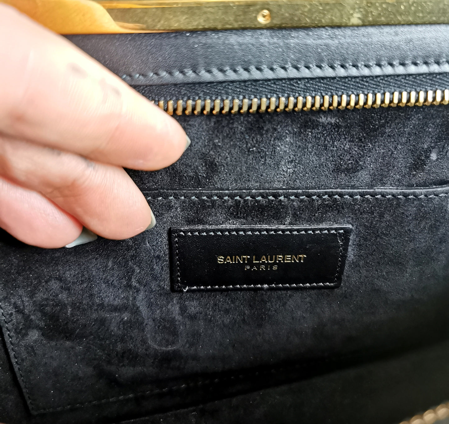 YSL black leather clutch purse, gold tone, handbag