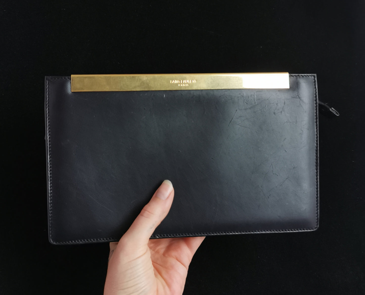 YSL black leather clutch purse, gold tone, handbag