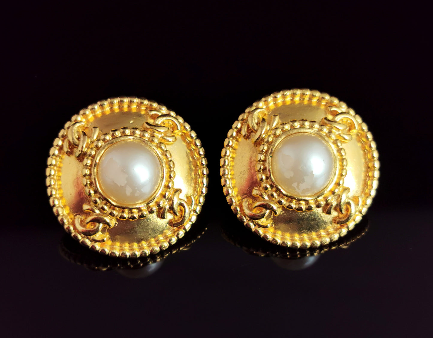 Vintage Chanel CC logo faux pearl clip on earrings, Gold tone, c1980s