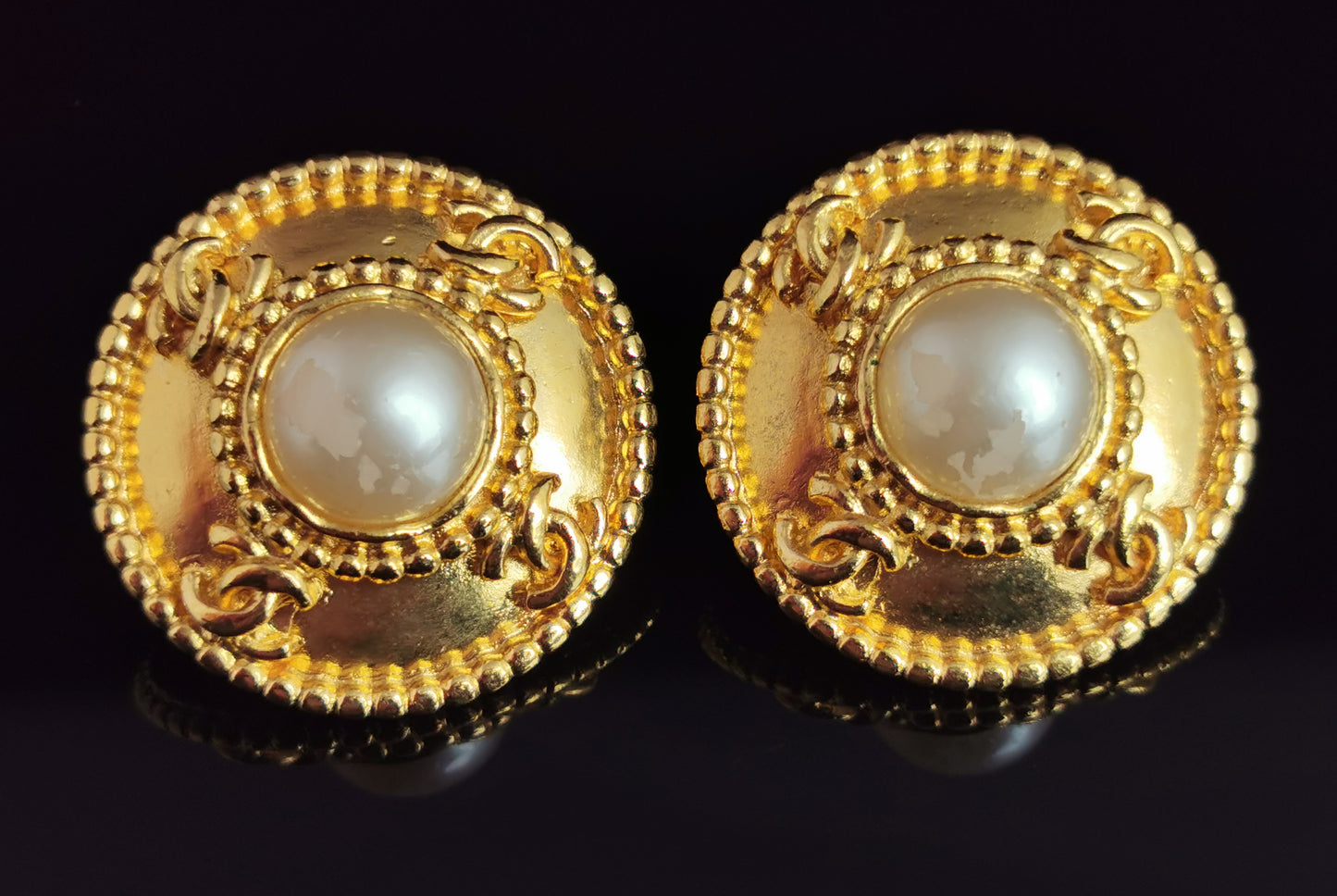 Vintage Chanel CC logo faux pearl clip on earrings, Gold tone, c1980s