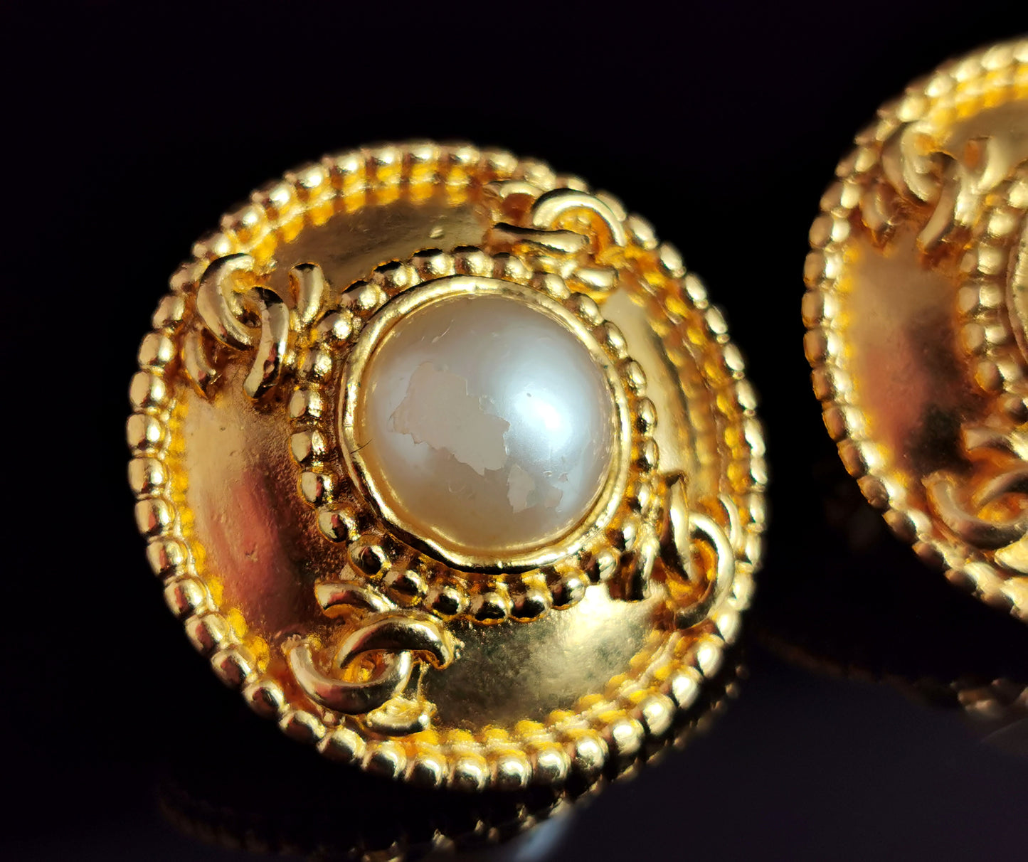 Vintage Chanel CC logo faux pearl clip on earrings, Gold tone, c1980s