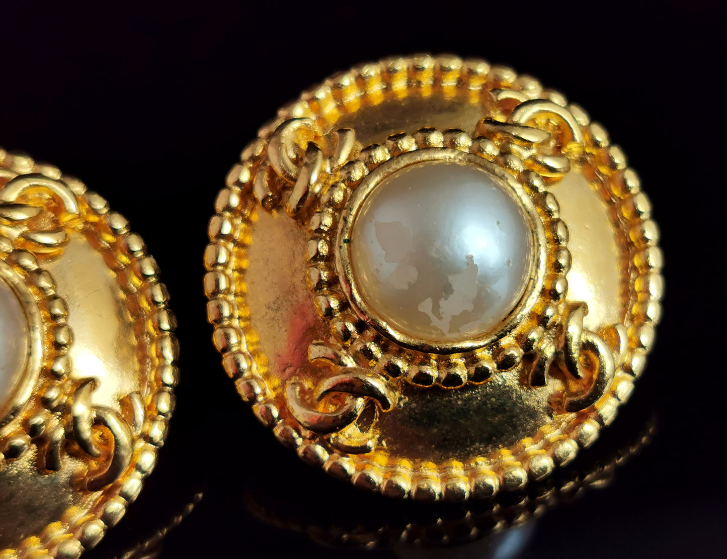 Vintage Chanel CC logo faux pearl clip on earrings, Gold tone, c1980s