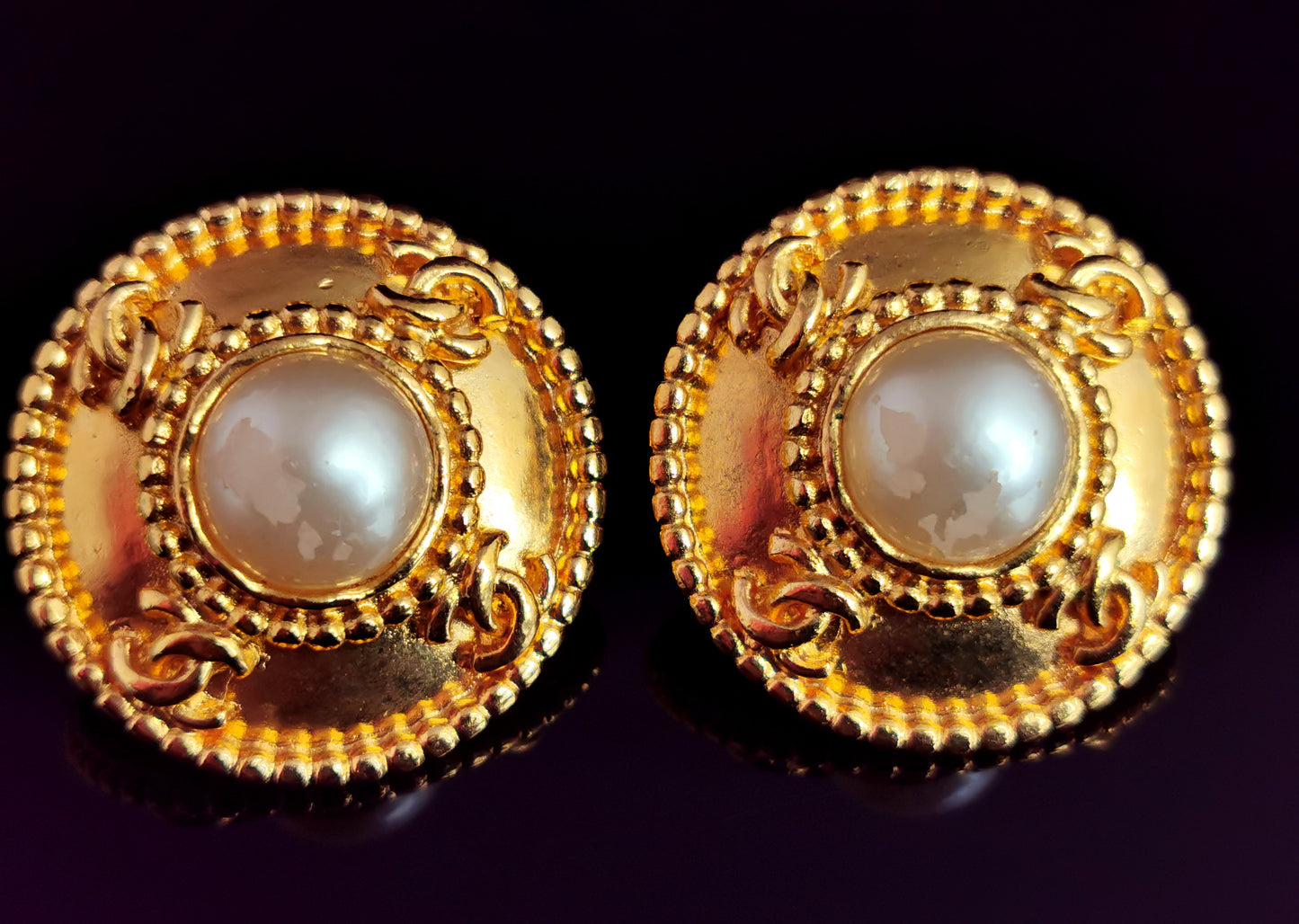 Vintage Chanel CC logo faux pearl clip on earrings, Gold tone, c1980s
