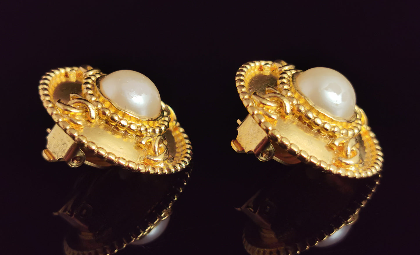Vintage Chanel CC logo faux pearl clip on earrings, Gold tone, c1980s