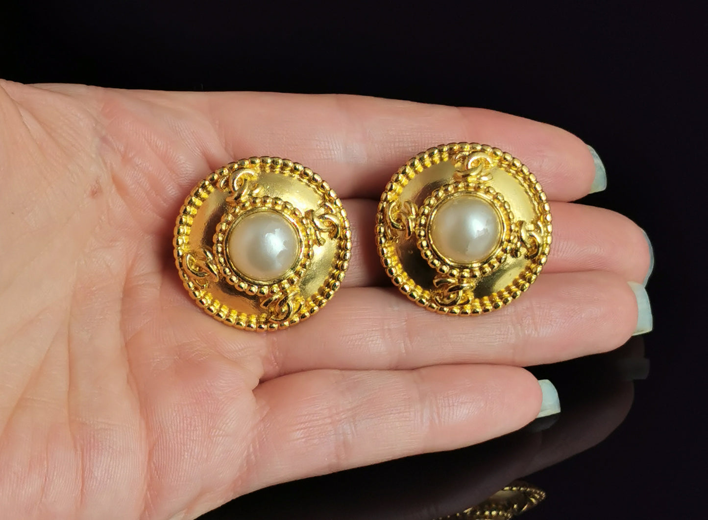 Vintage Chanel CC logo faux pearl clip on earrings, Gold tone, c1980s
