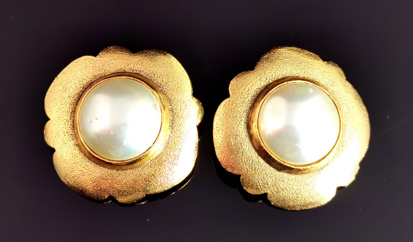 Vintage Chanel faux pearl clip on earrings, Gold tone, c1980s
