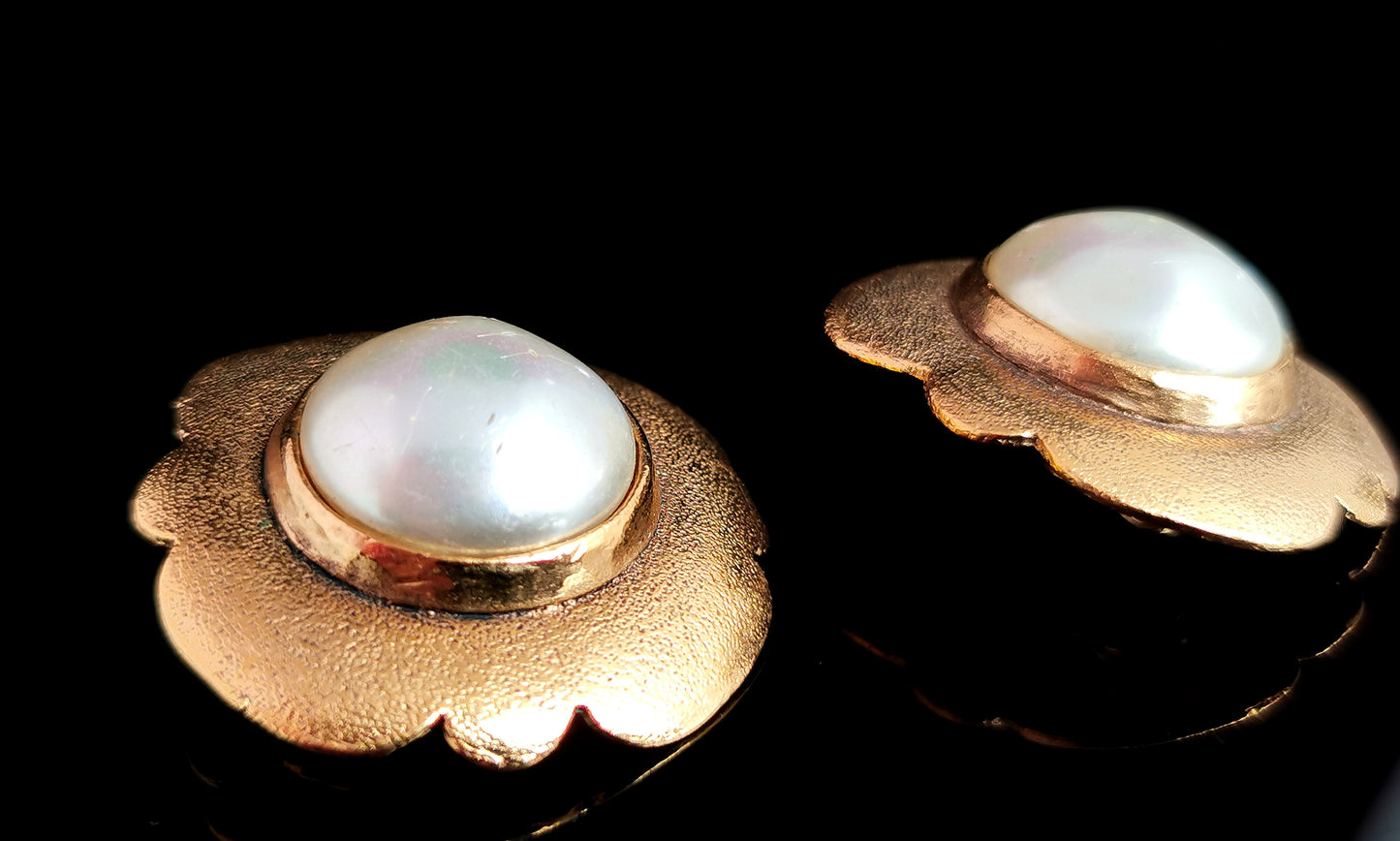 Vintage Chanel faux pearl clip on earrings, Gold tone, c1980s