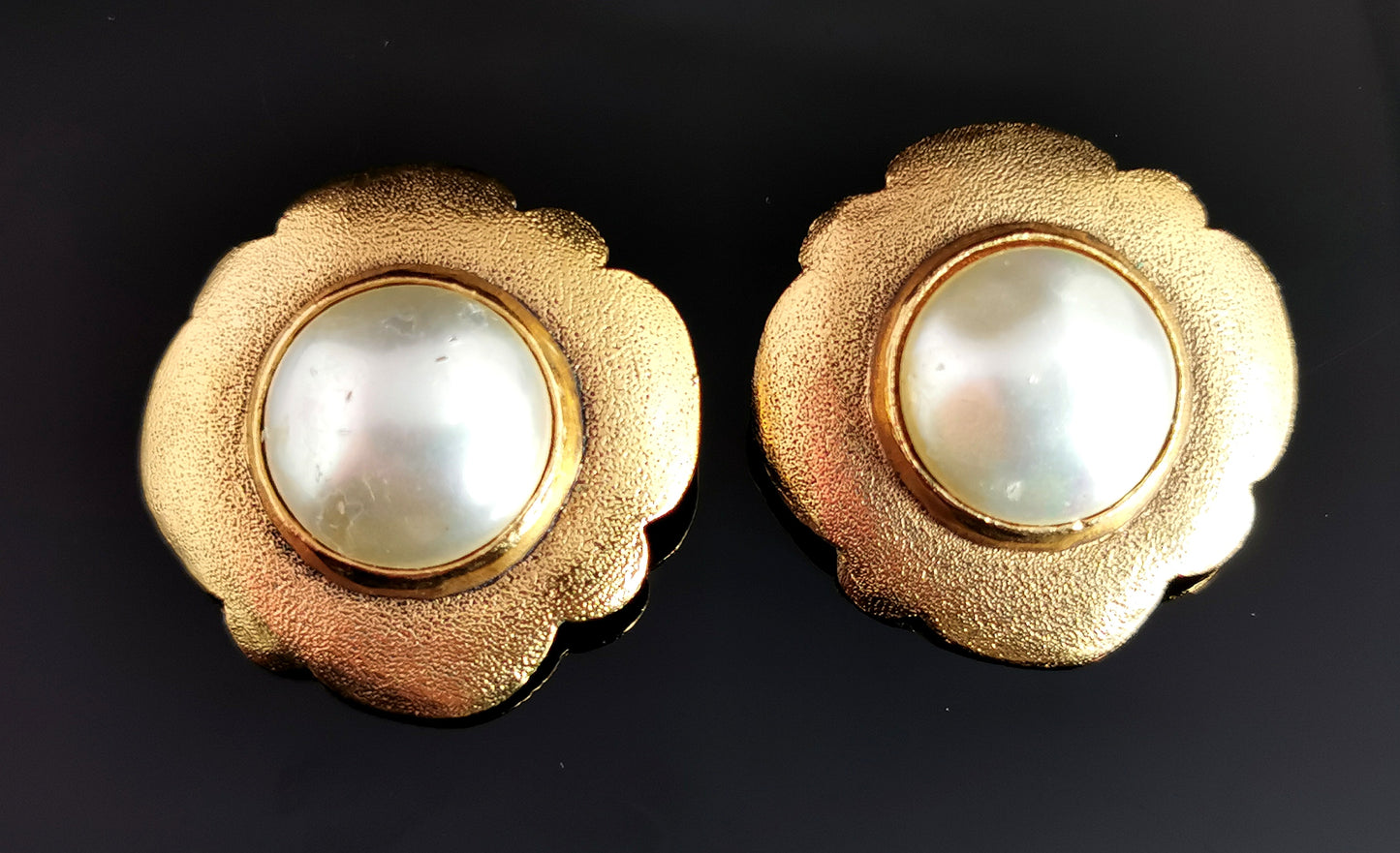 Vintage Chanel faux pearl clip on earrings, Gold tone, c1980s