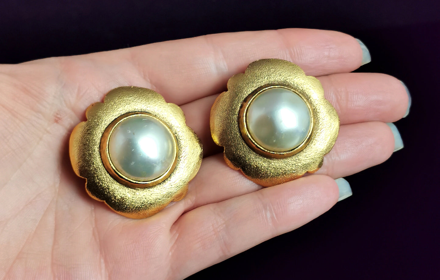 Vintage Chanel faux pearl clip on earrings, Gold tone, c1980s