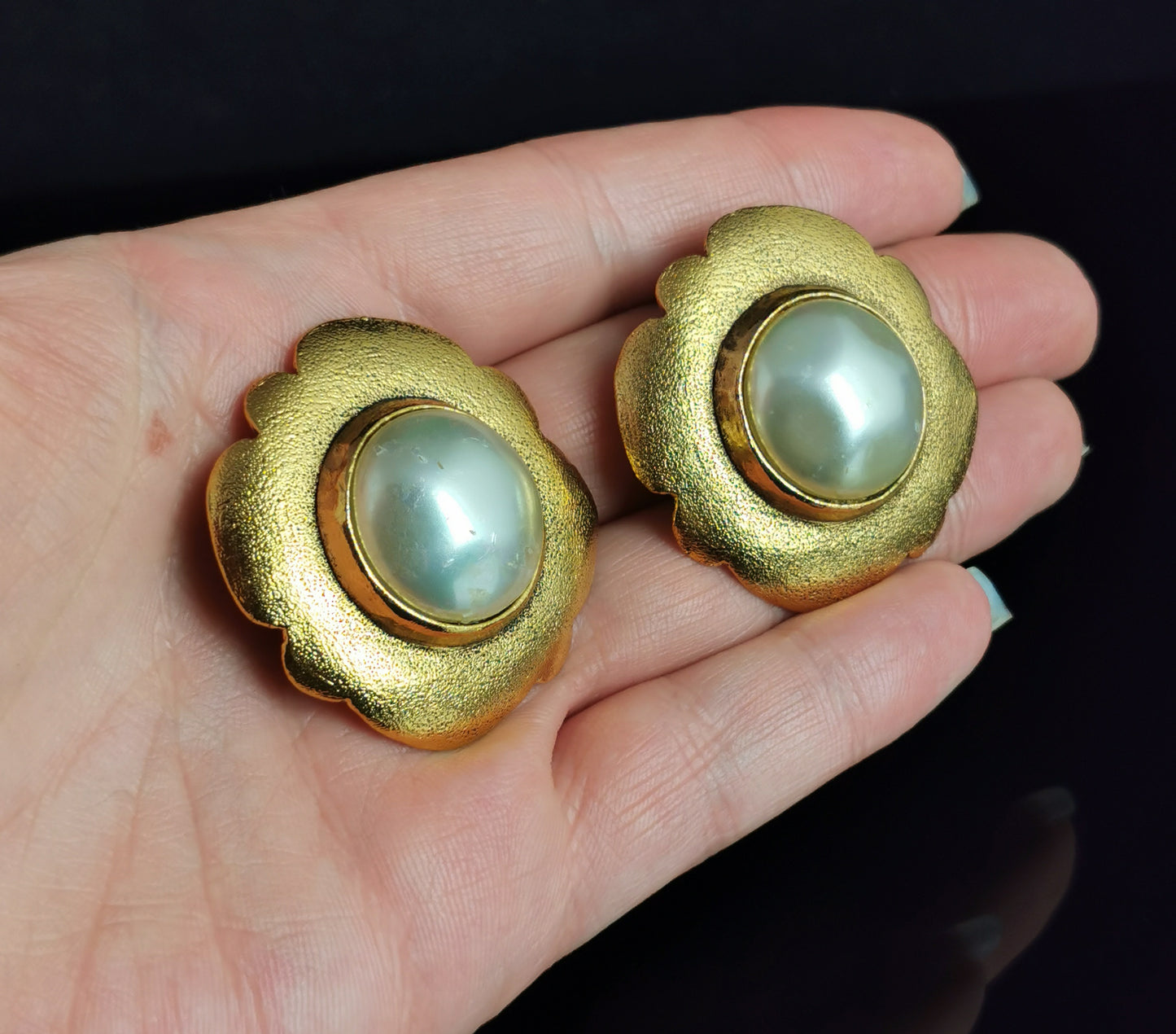 Vintage Chanel faux pearl clip on earrings, Gold tone, c1980s