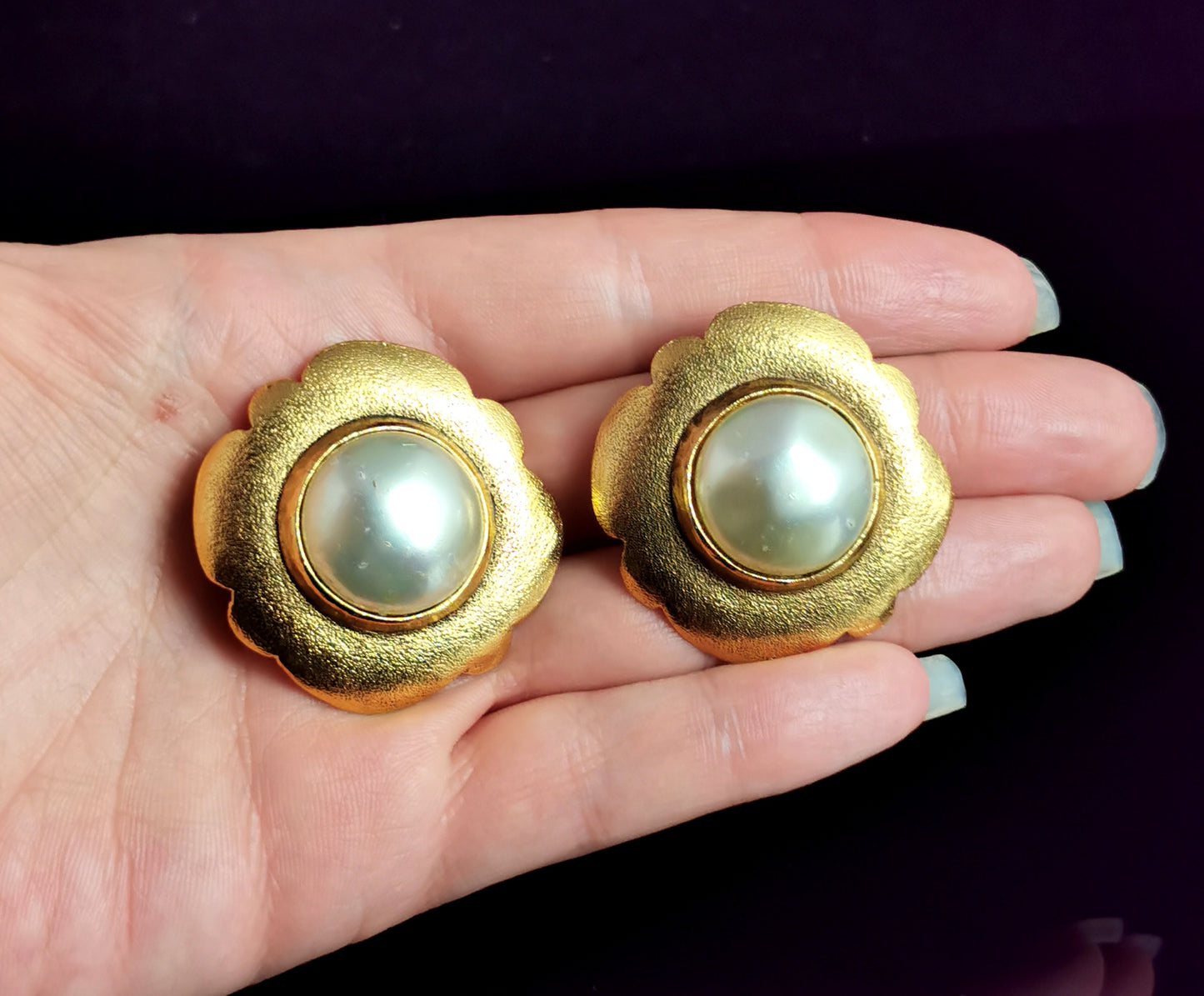 Vintage Chanel faux pearl clip on earrings, Gold tone, c1980s