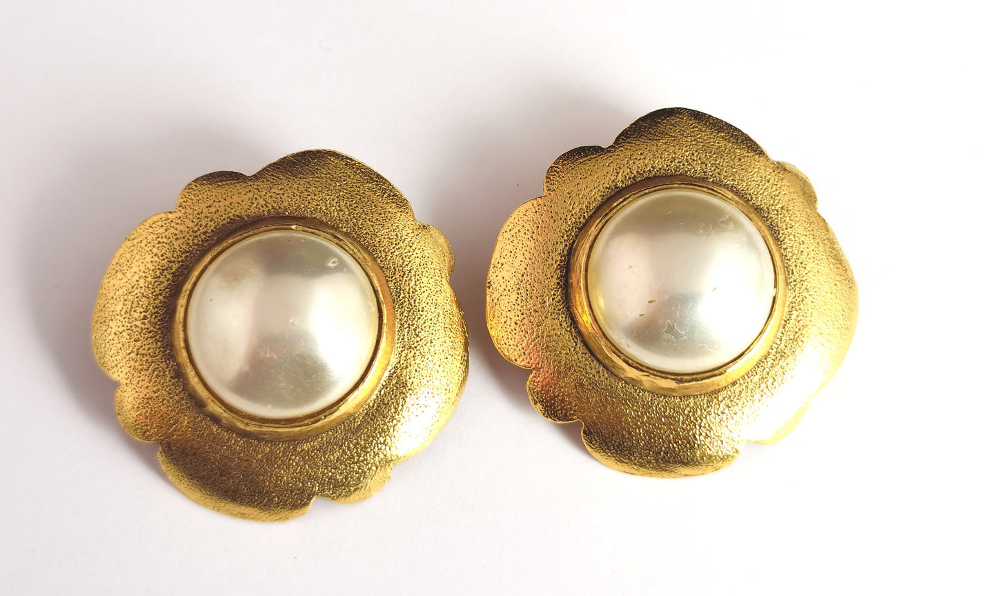 Vintage Chanel faux pearl clip on earrings, Gold tone, c1980s