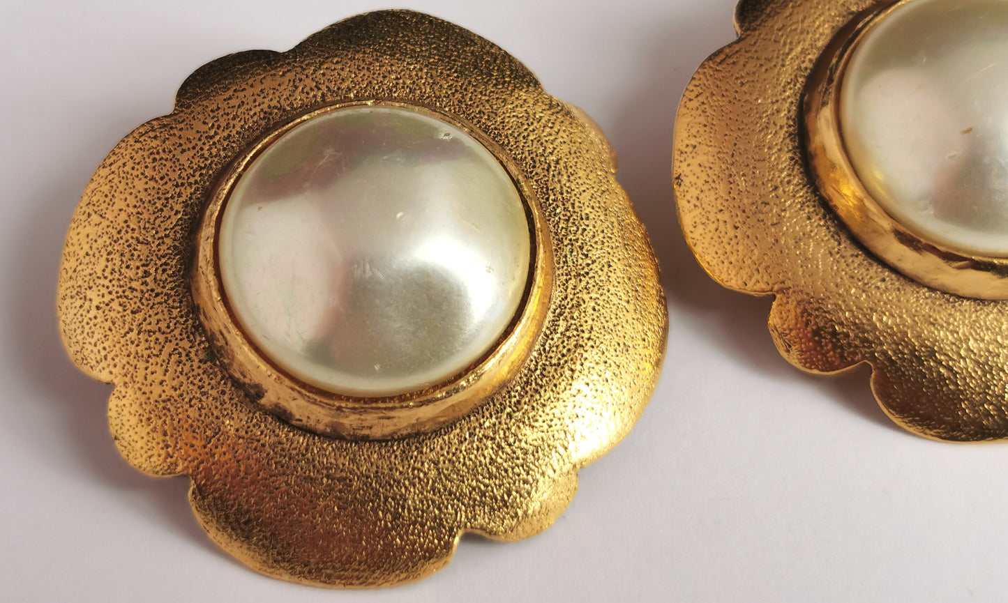 Vintage Chanel faux pearl clip on earrings, Gold tone, c1980s