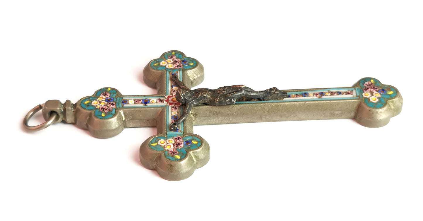 Antique Micro mosaic crucifix pendant, Italian Cross, large