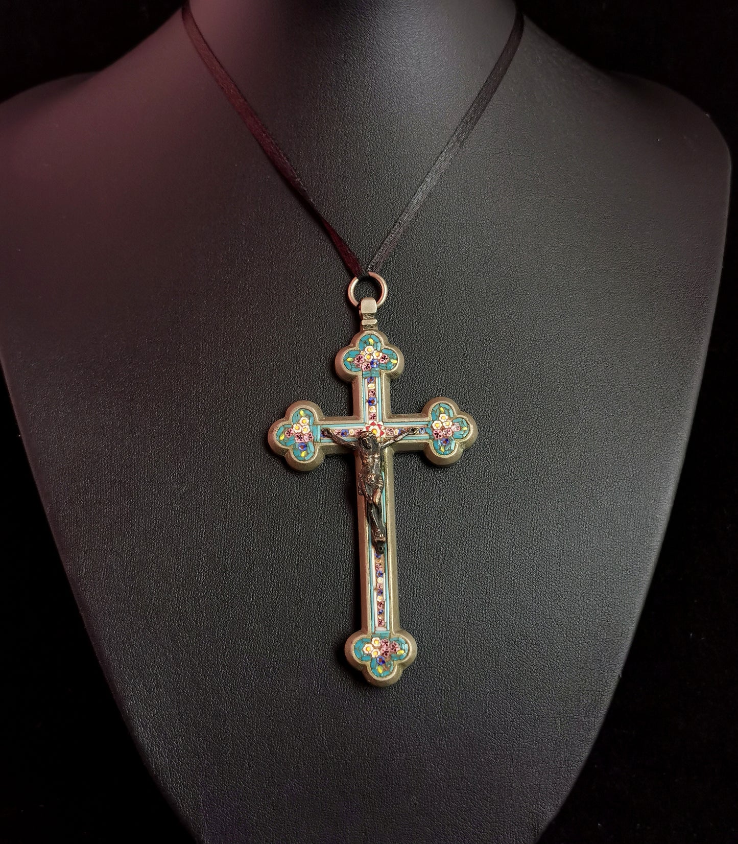 Antique Micro mosaic crucifix pendant, Italian Cross, large