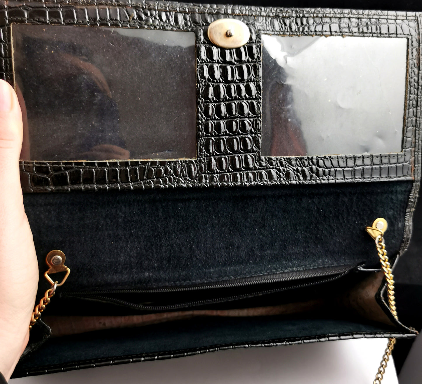 Vintage Pierre Cardin patent mock Croc leather handbag, purse