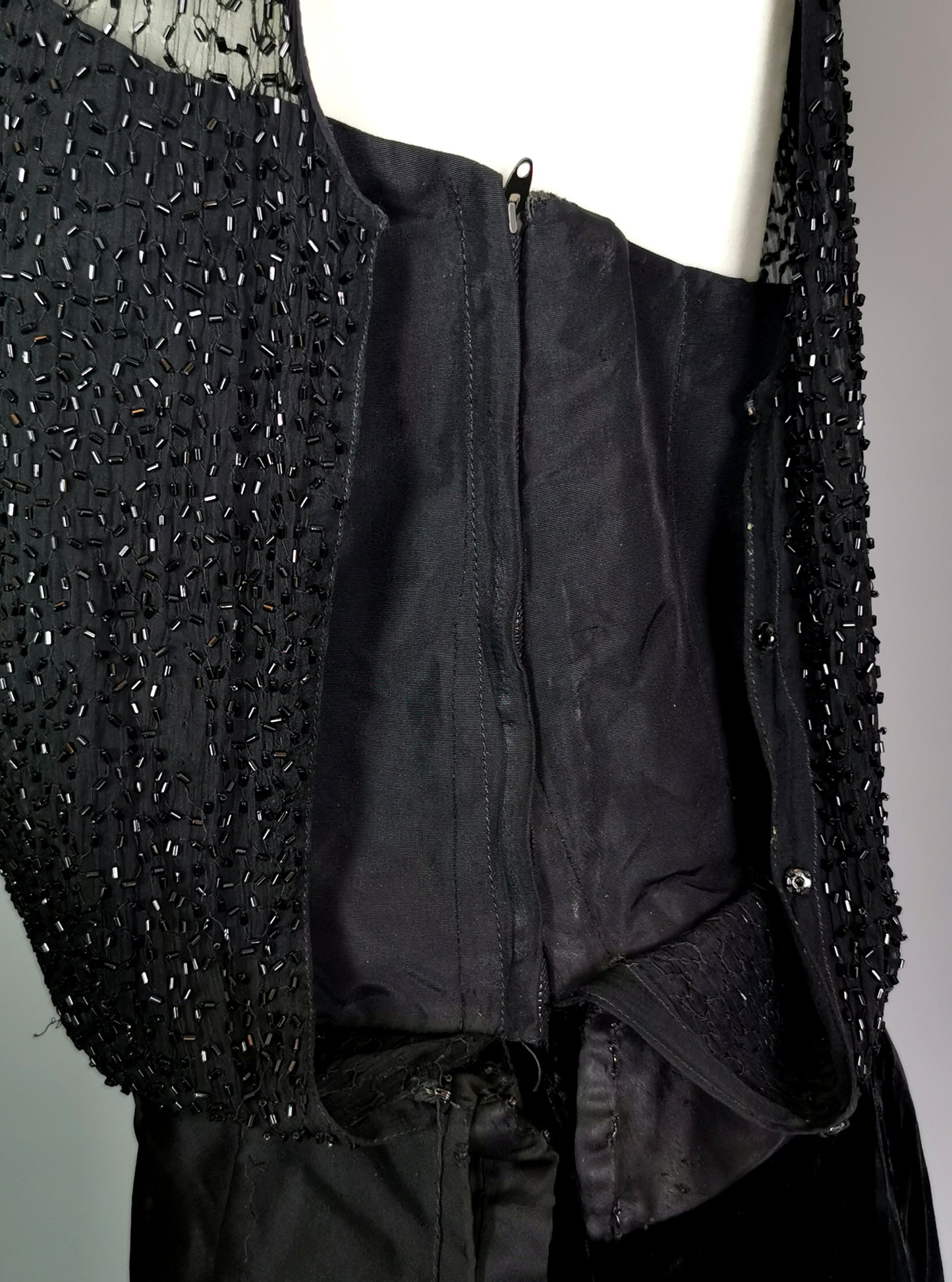 Vintage Jean Allen cocktail dress, Black velvet, beadwork, c1970s