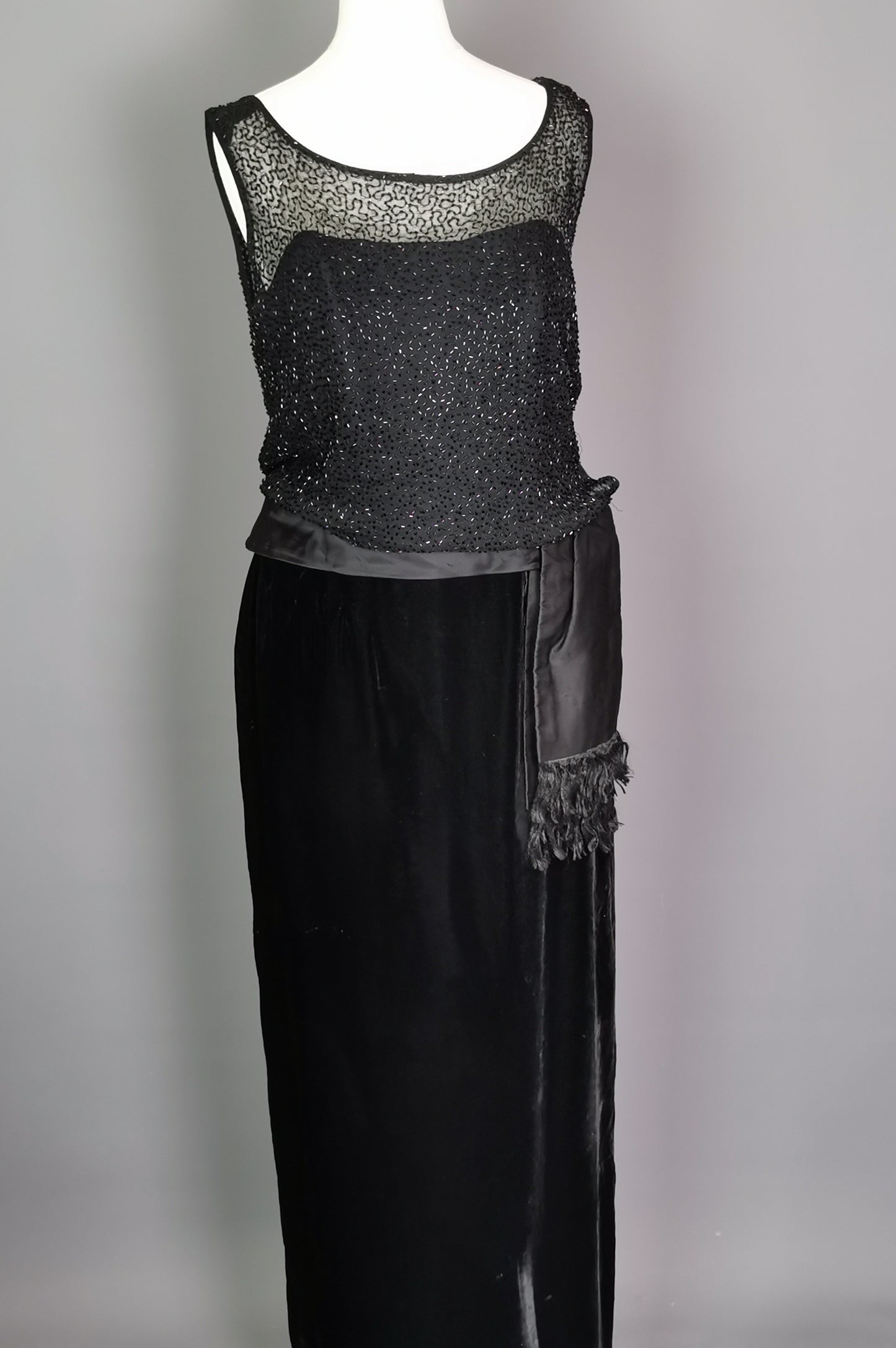 Vintage Jean Allen cocktail dress, Black velvet, beadwork, c1970s