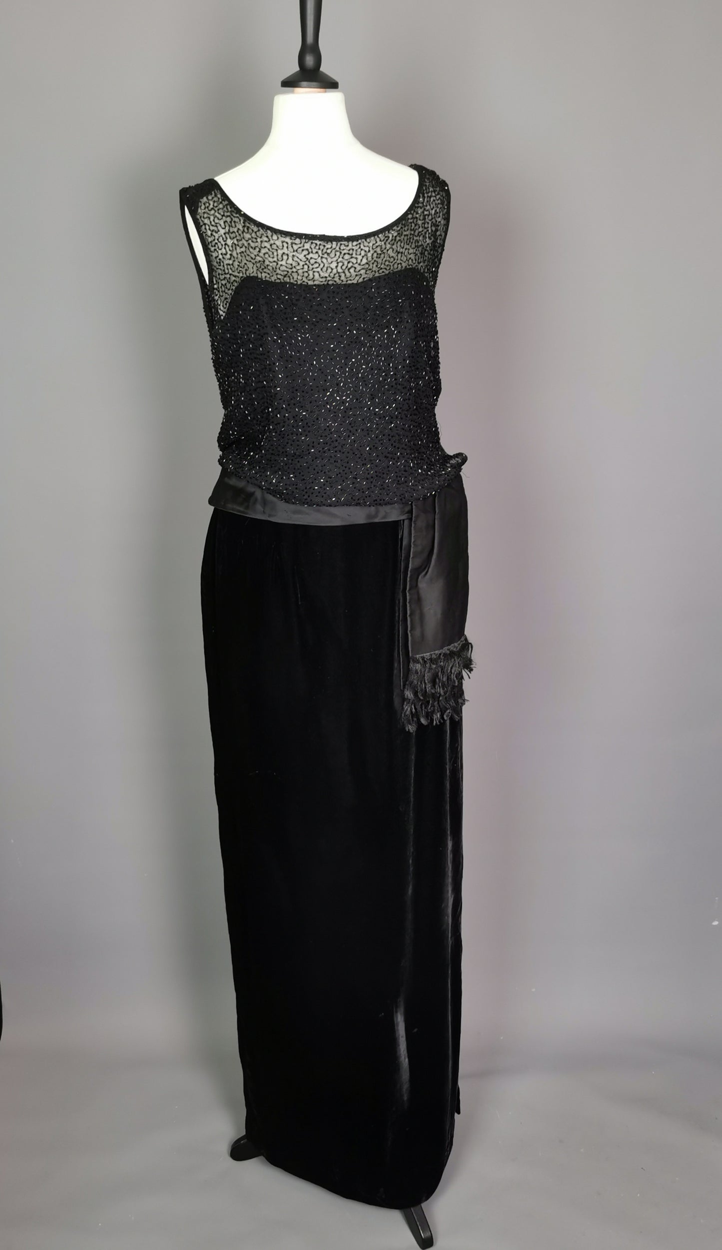 Vintage Jean Allen cocktail dress, Black velvet, beadwork, c1970s