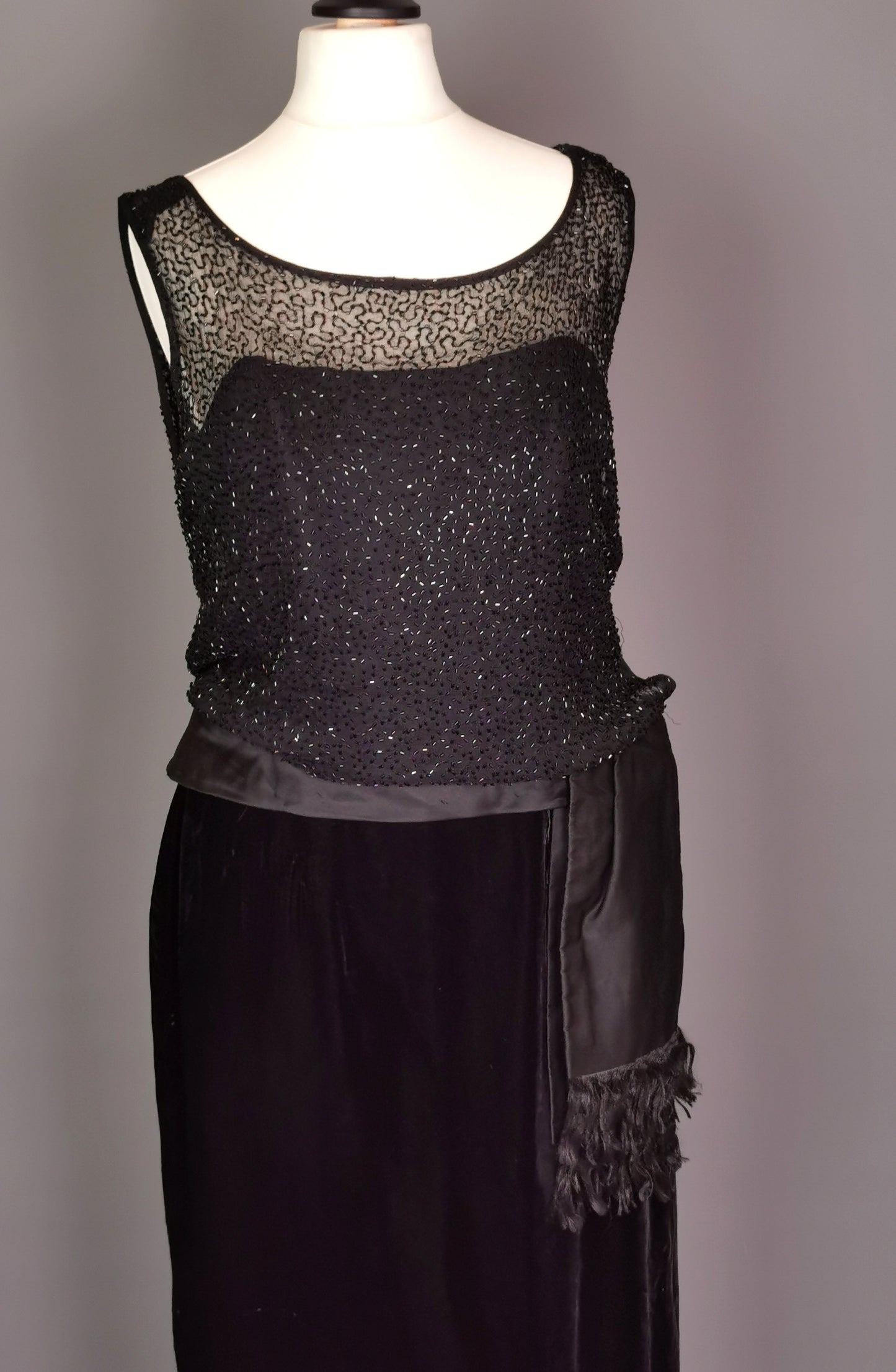Vintage Jean Allen cocktail dress, Black velvet, beadwork, c1970s