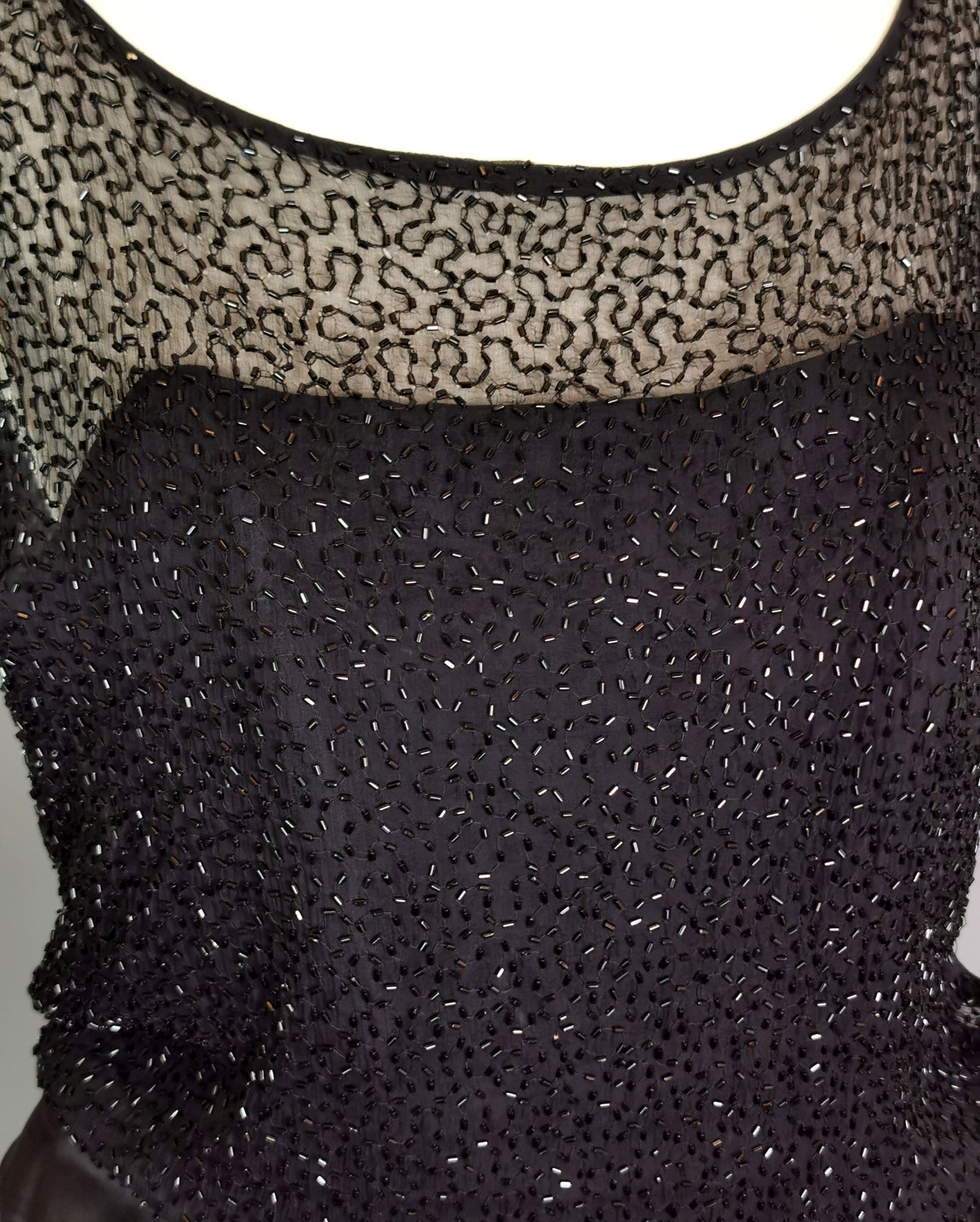Vintage Jean Allen cocktail dress, Black velvet, beadwork, c1970s