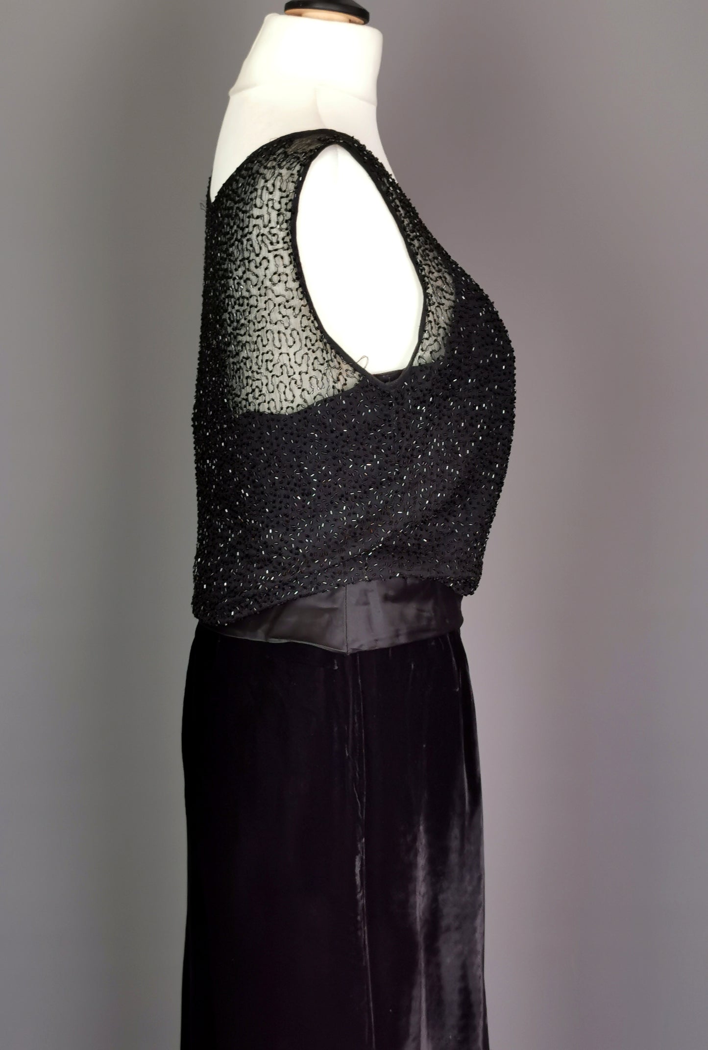 Vintage Jean Allen cocktail dress, Black velvet, beadwork, c1970s