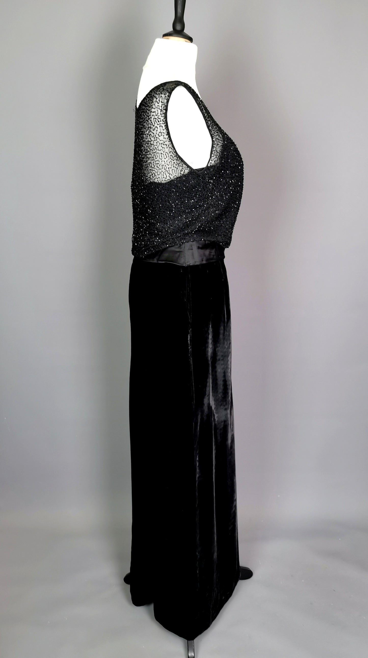 Vintage Jean Allen cocktail dress, Black velvet, beadwork, c1970s