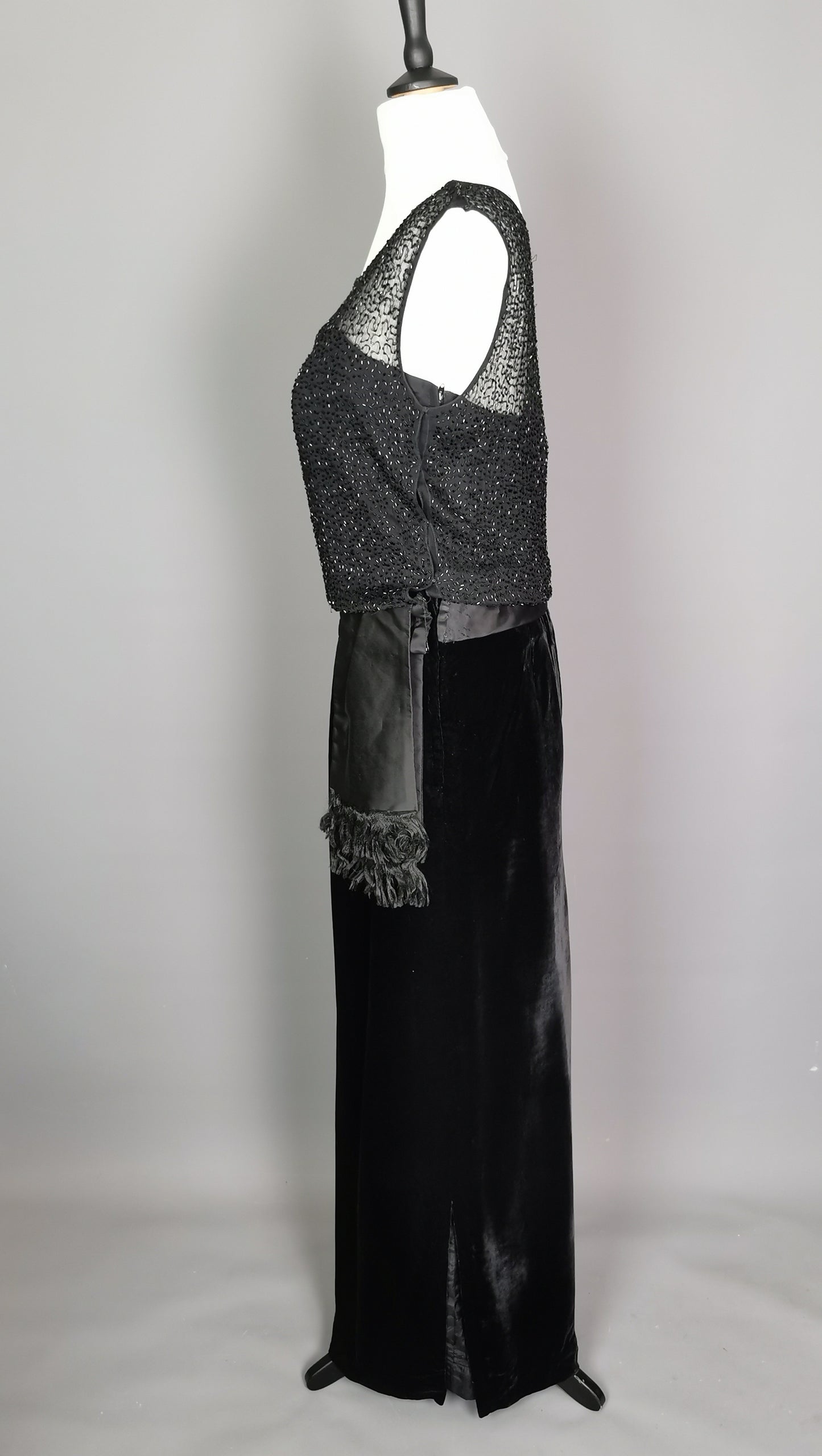 Vintage Jean Allen cocktail dress, Black velvet, beadwork, c1970s