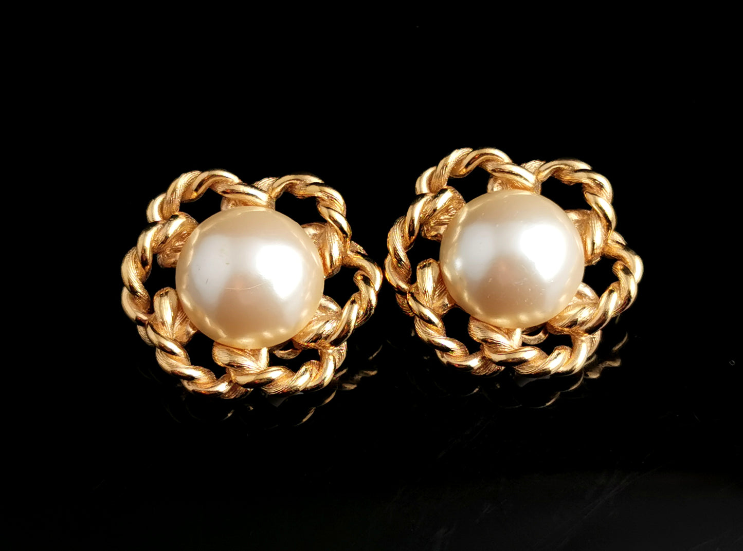Vintage Givenchy faux pearl clip on earrings, Gold tone, c1980s