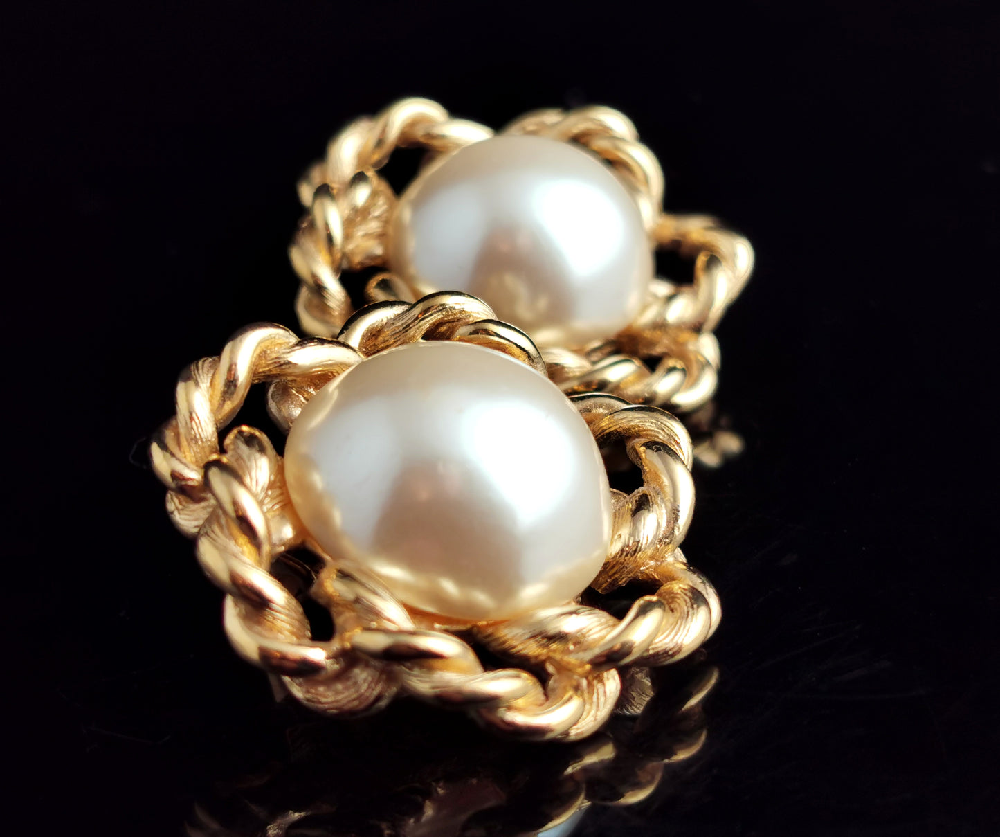 Vintage Givenchy faux pearl clip on earrings, Gold tone, c1980s