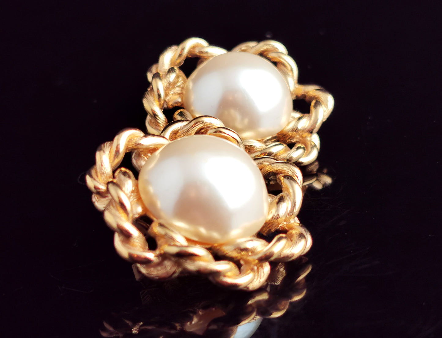 Vintage Givenchy faux pearl clip on earrings, Gold tone, c1980s