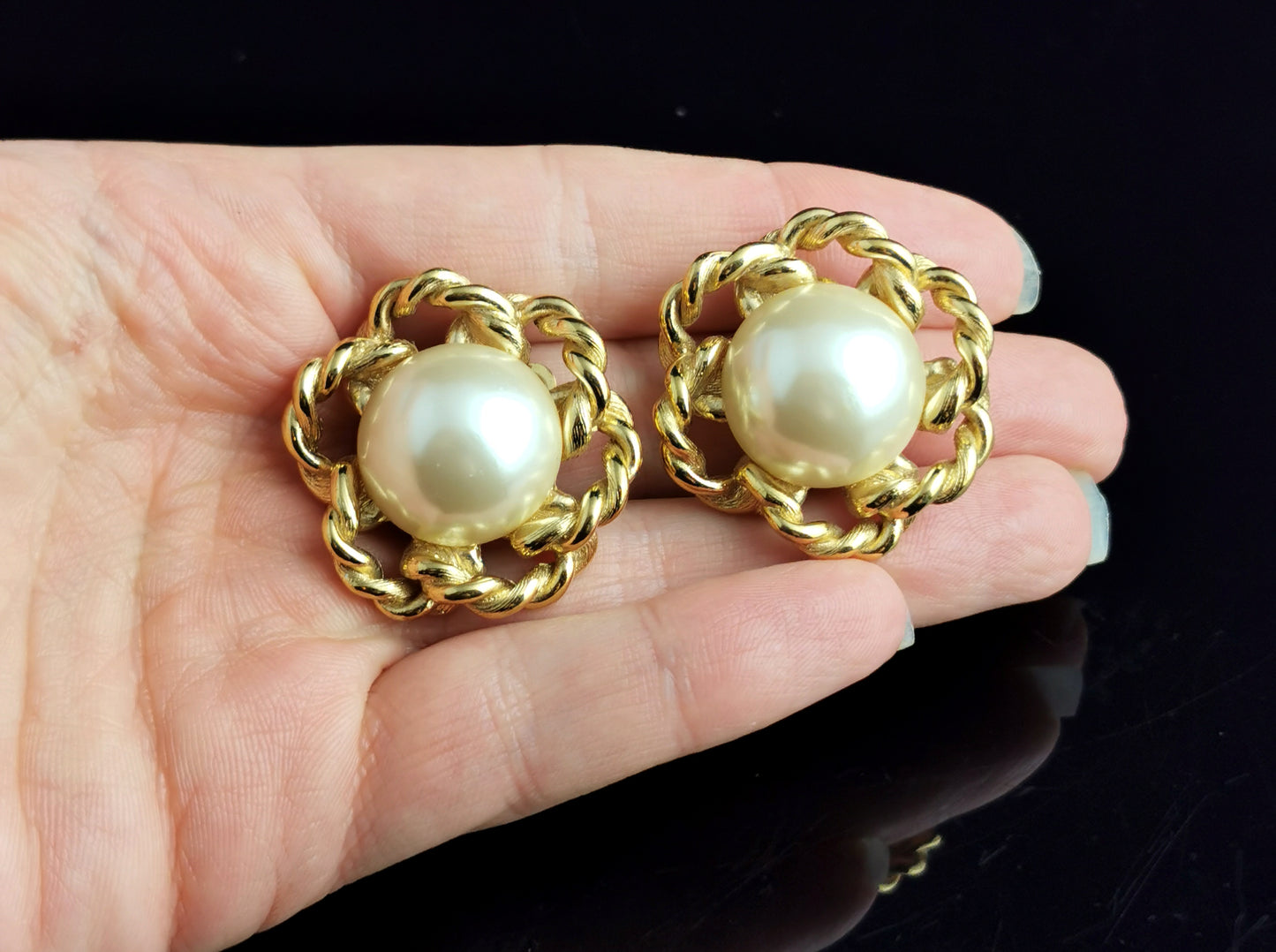 Vintage Givenchy faux pearl clip on earrings, Gold tone, c1980s