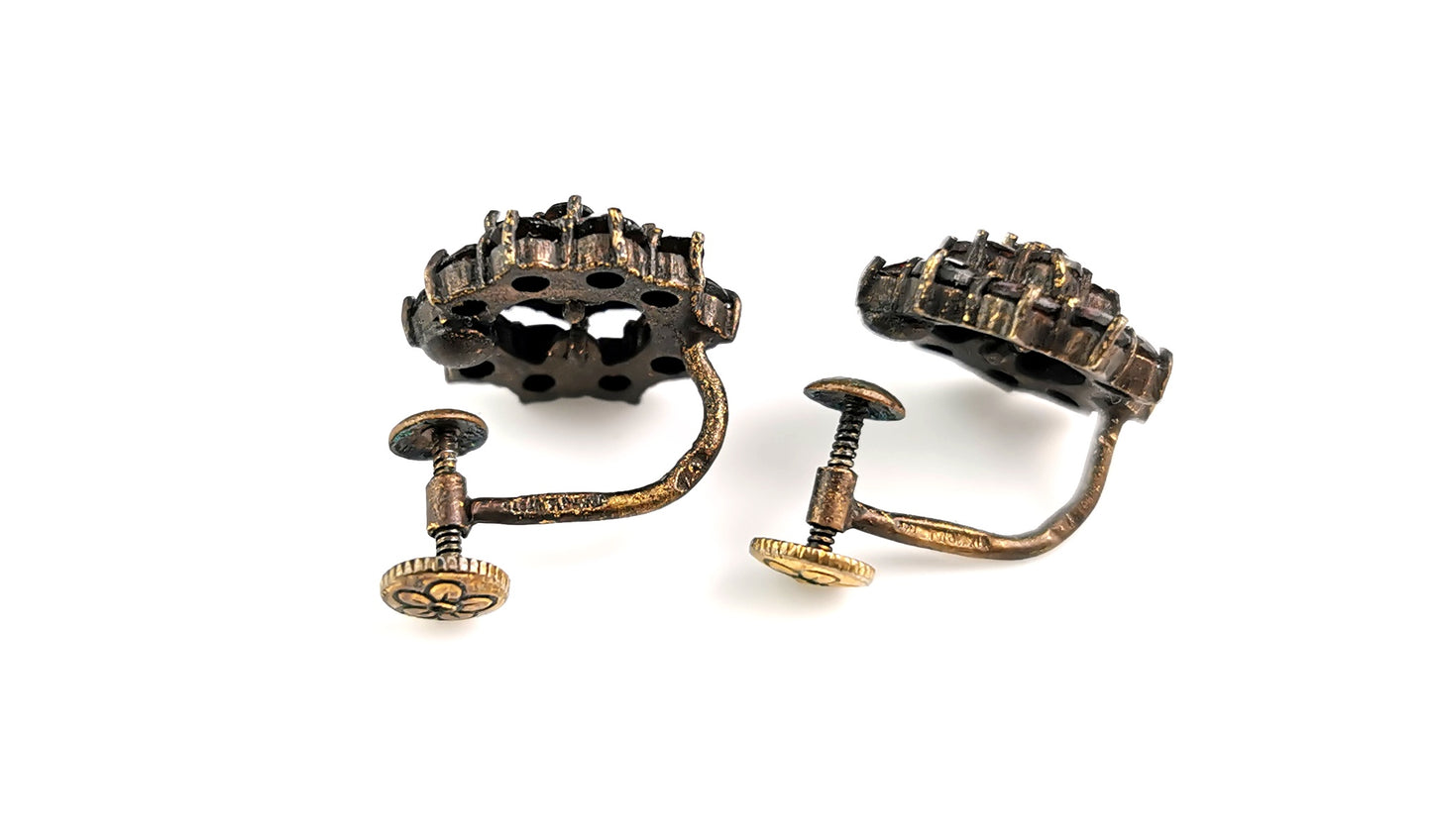 Vintage Bohemian garnet cluster earrings, gilt metal, Screw back