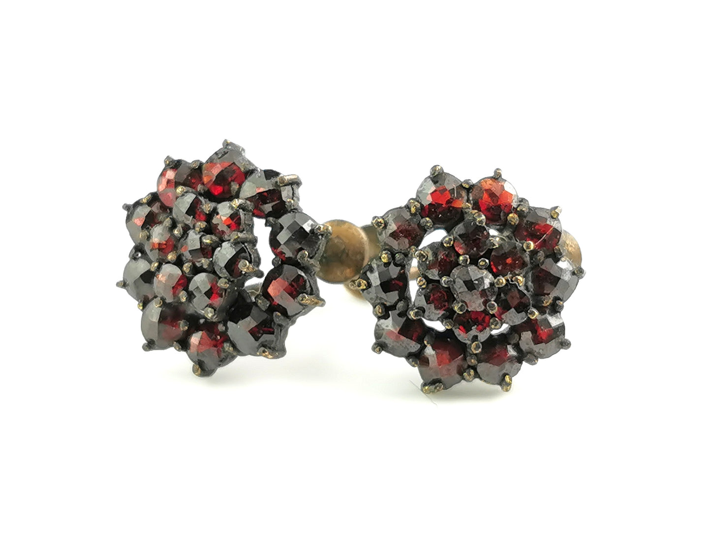 Vintage Bohemian garnet cluster earrings, gilt metal, Screw back