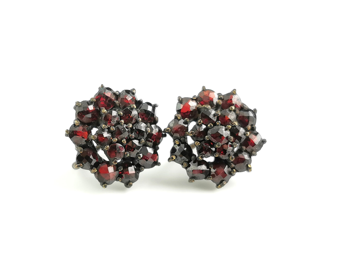 Vintage Bohemian garnet cluster earrings, gilt metal, Screw back