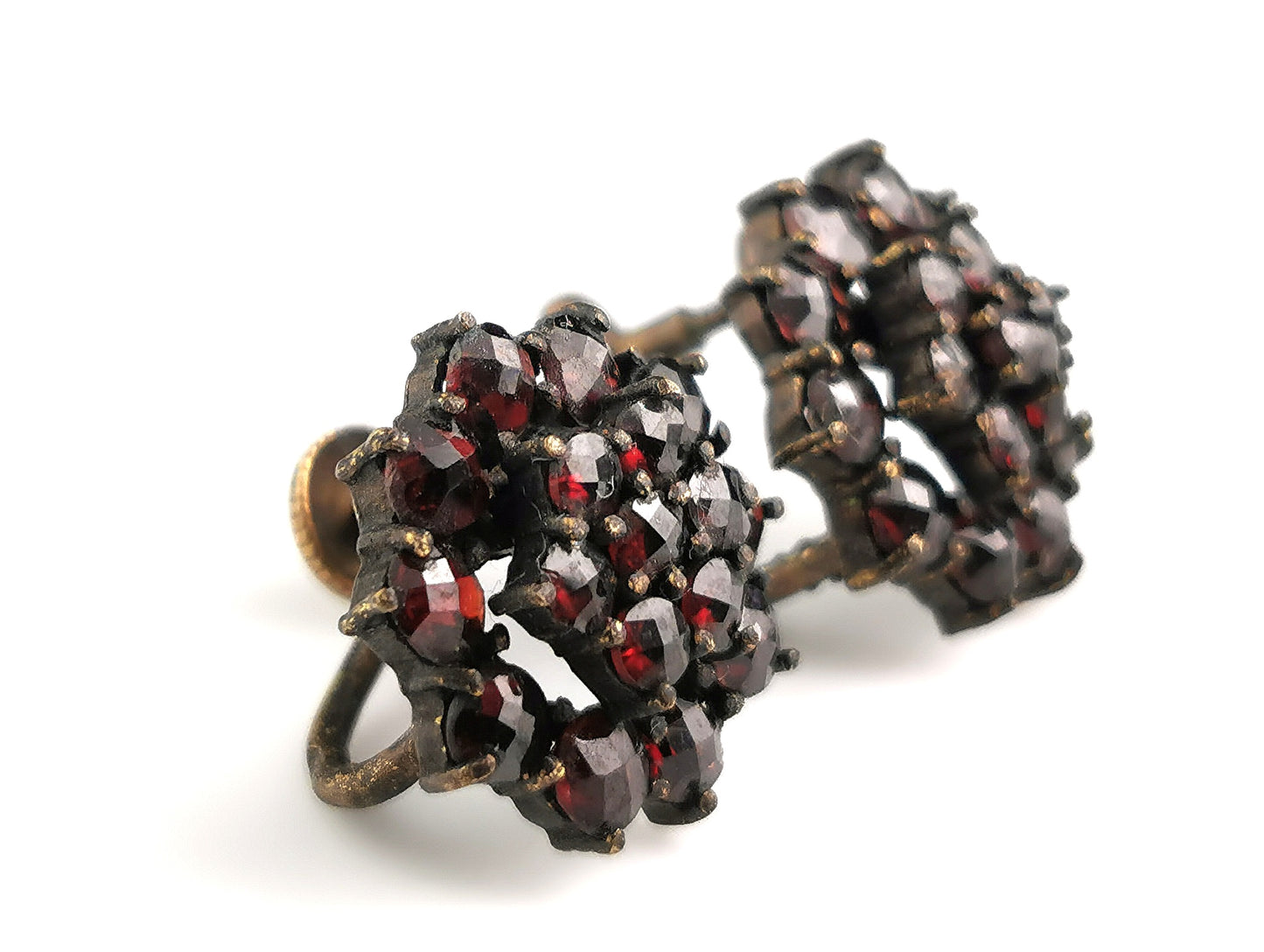 Vintage Bohemian garnet cluster earrings, gilt metal, Screw back