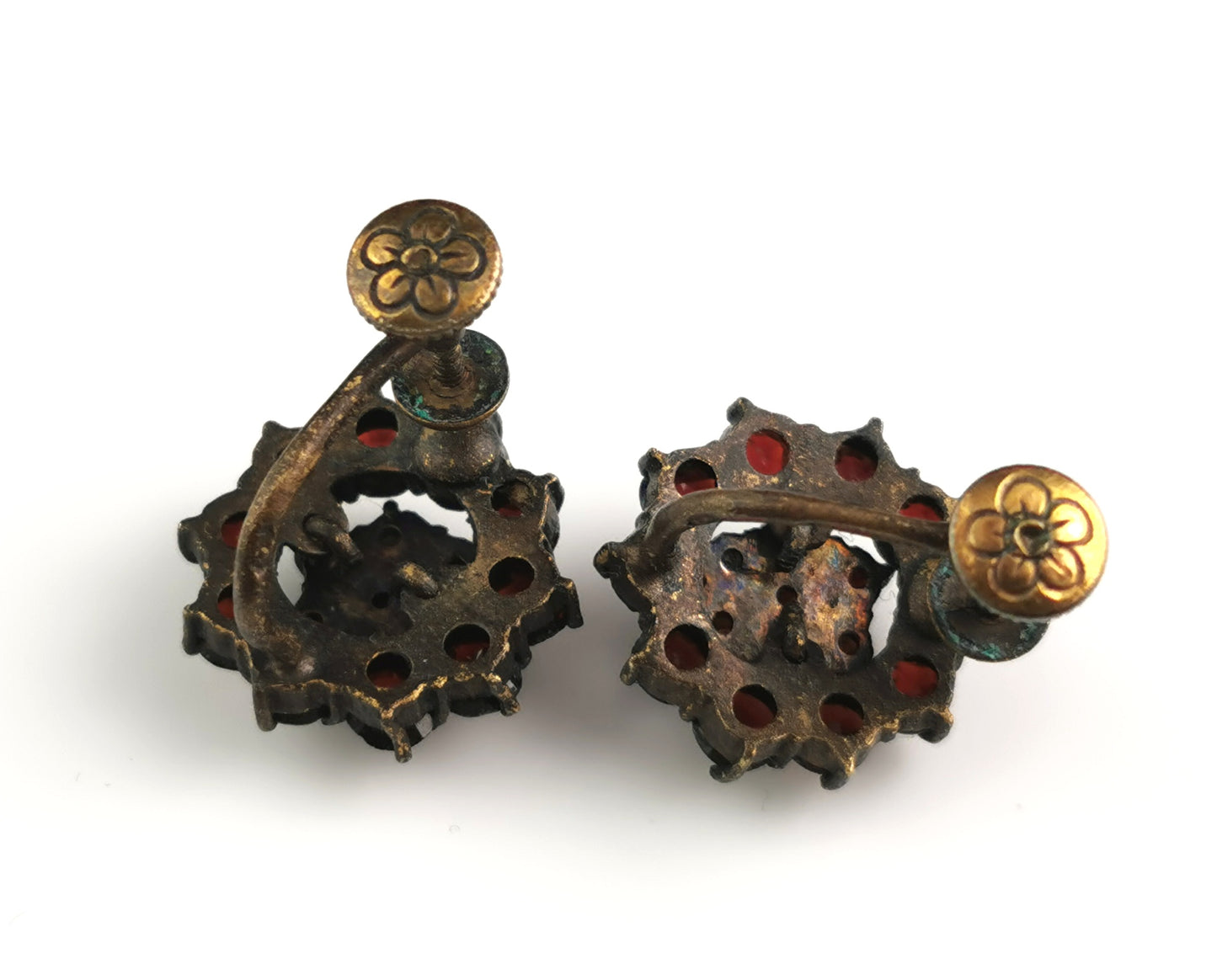 Vintage Bohemian garnet cluster earrings, gilt metal, Screw back