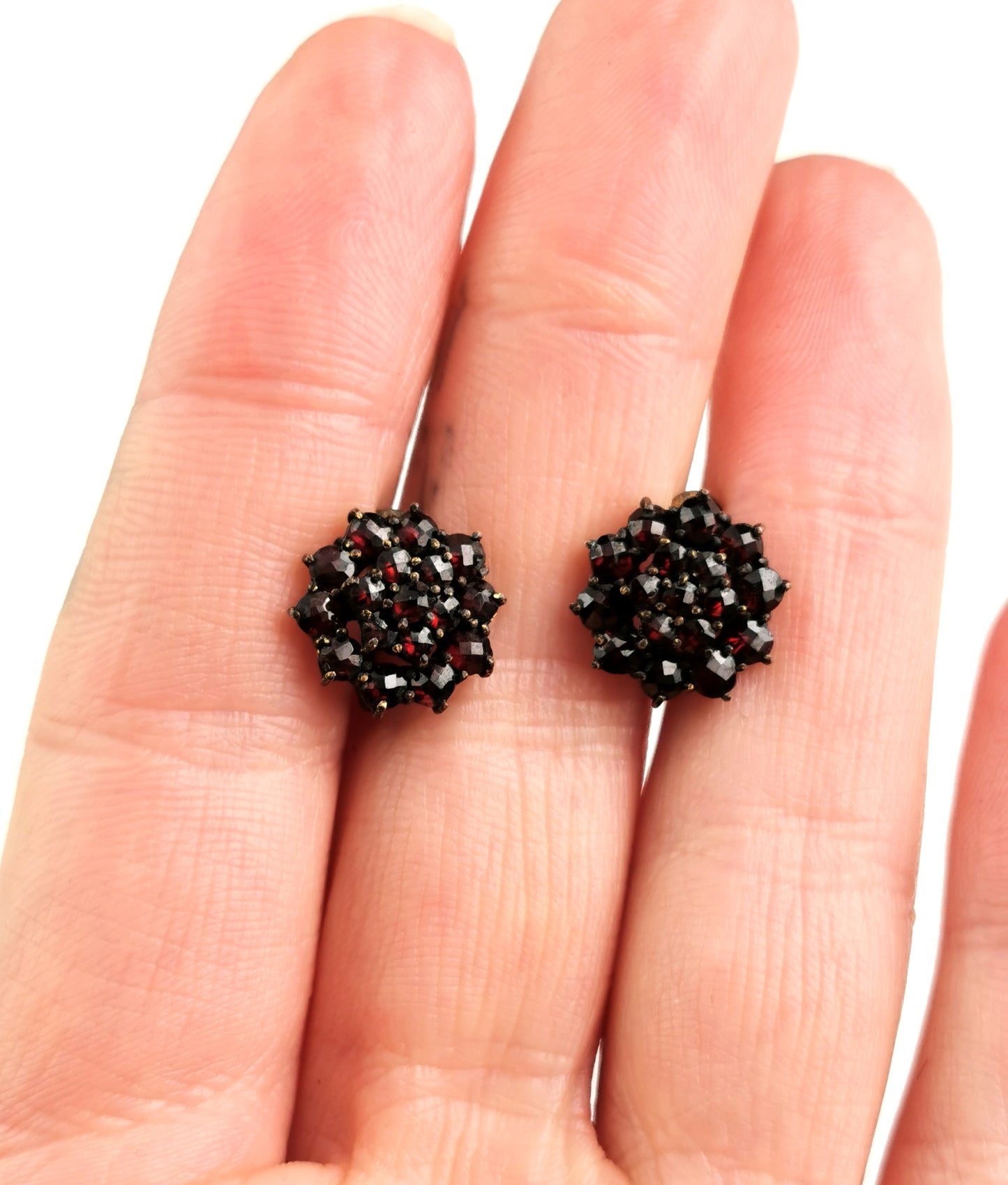 Vintage Bohemian garnet cluster earrings, gilt metal, Screw back